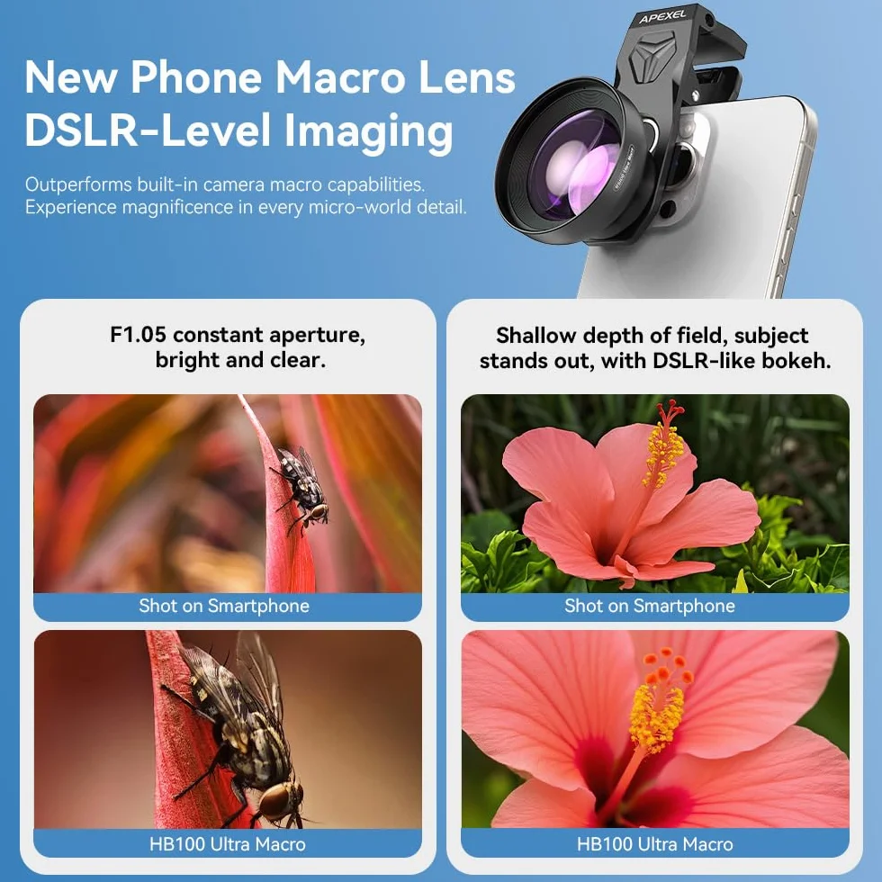 APEXEL HB100 Ultra HD obiektyw makro do telefonu z 45 opcjami oświetlenia i antyrefleksyjnym obiektywem makro AF nadaje się do iPhone, Samsung, Pixel i innych smartfonów