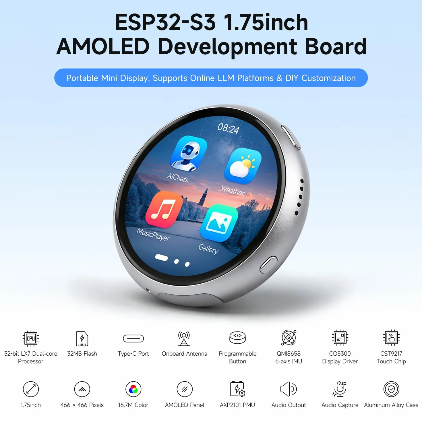 Waveshare ESP32-S3 1.75inch AMOLED Round Touch Display Development Board 466x466 Resolution Aluminum Alloy Case