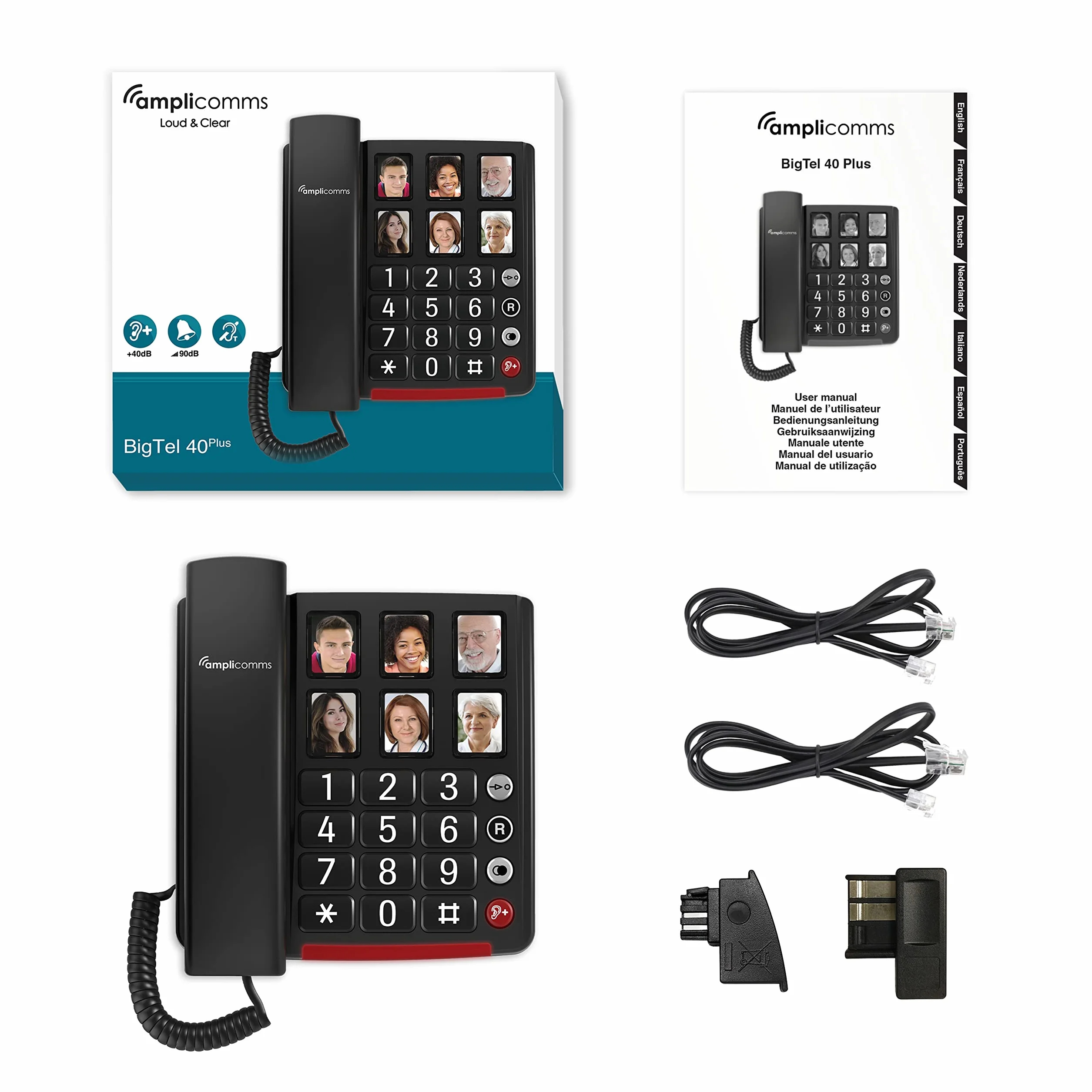 Amplicomms BigTel 40 Plus przewodowy telefon z dużym przyciskiem dla osób starszych - głośne telefony do trudnych słuchów - telefony kompatybilne z aparatem słuchowym - telefon z dużym numerem