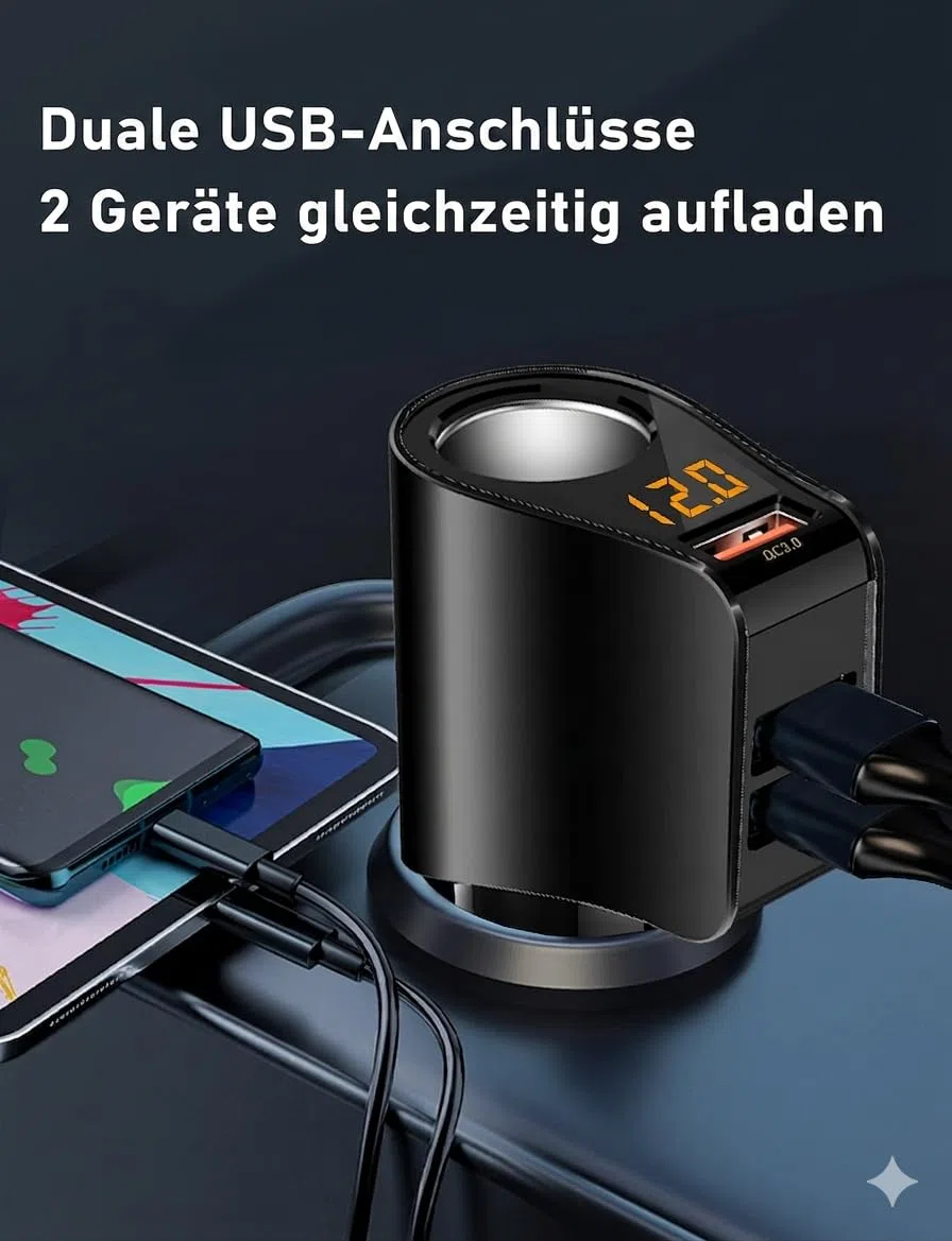 Rozdzielacz zapalniczki samochodowej 4 w 1, 80 W, ładowarka samochodowa z QC3.0 + 2 USB (3,1 A) i 12 V, woltomierz LED, zabezpieczenie przed przeciążeniem 12 V/24 V - do samochodów osobowych