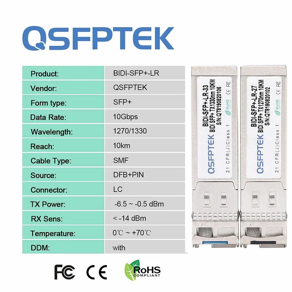 QSFPTEK Moduł jednomodowy 10G SFP+ Bidi LC do Cisco SFP-10G-BXD-I (1330nm-TX/1270nm-RX) / SFP-10G-BXU-I (1270nm-TX/1330nm-RX), 10 km, z DDM - 1 para