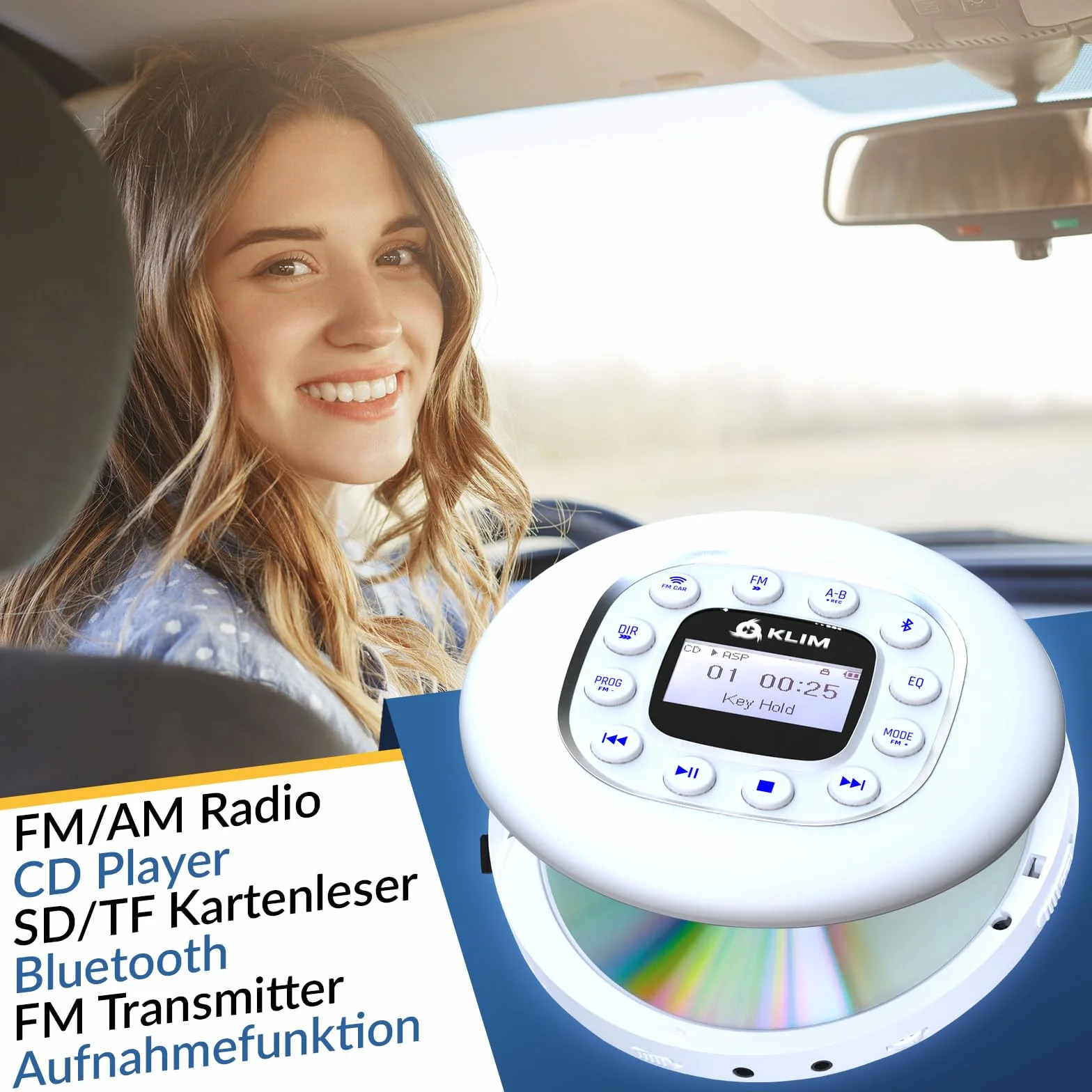 KLIM Journey + przenośny odtwarzacz CD Walkman z długą żywotnością baterii + NOWOŚĆ + słuchawki w zestawie + radio FM + kompatybilny z MP3 + karta SD, nadajnik FM, Bluetooth + idealny do samochodu -