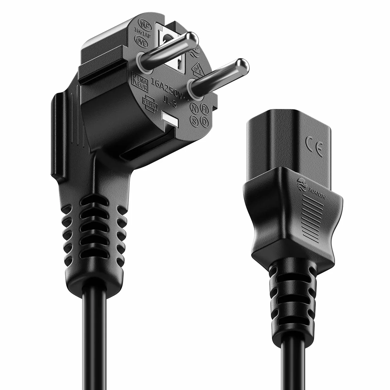 deleyCON 3,0m Kabel Zasilający Przewód Sieciowy Wtyk Ochronny Typ F (CEE 7/7) 90° Kątowy na Gniazdo C13 PC Komputer Monitor Drukarka Projektor - Czarny