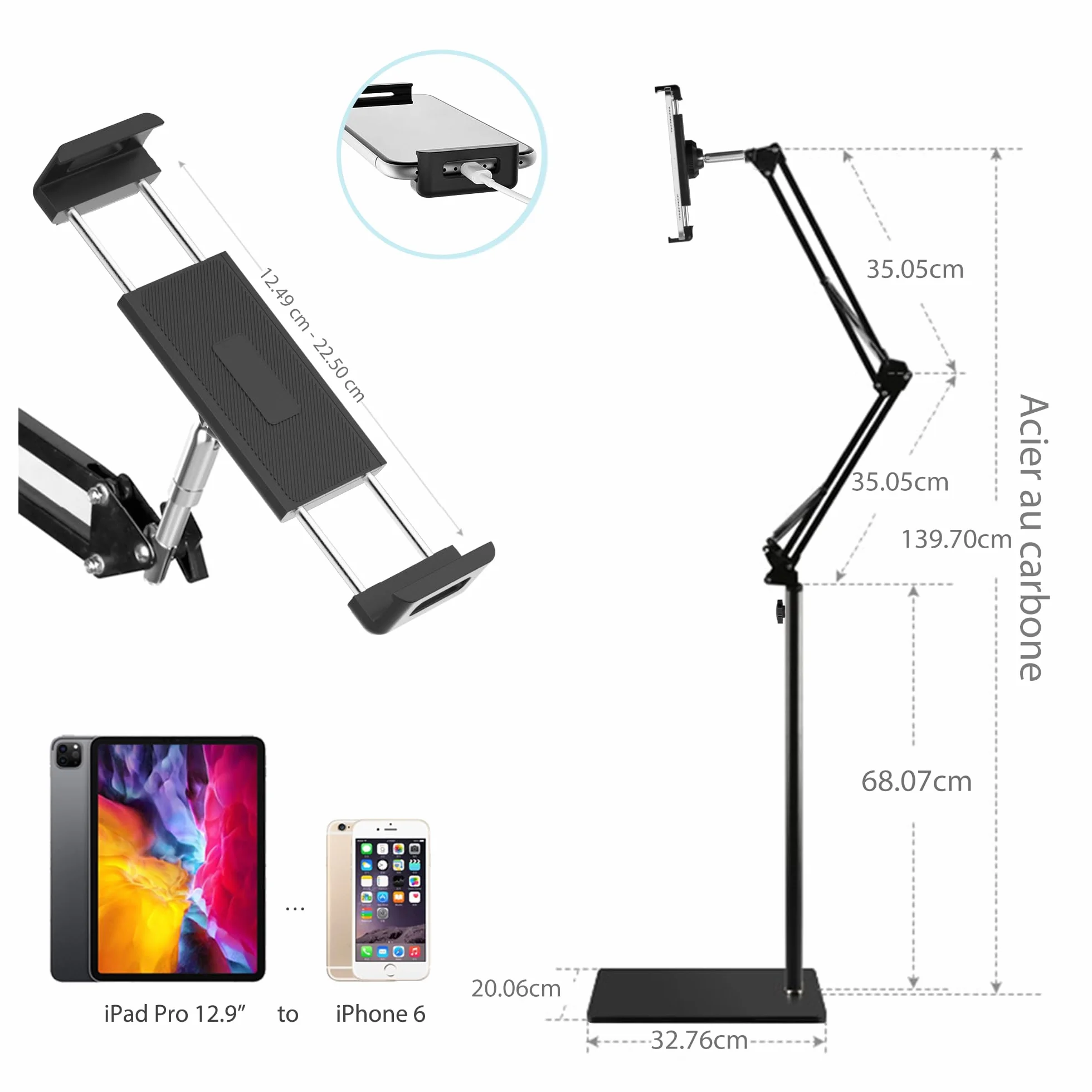 LanPavilion Stojak podłogowy na tablet z regulowanym ramieniem, kompatybilny z iPadem, iPhonem, Samsung Tab