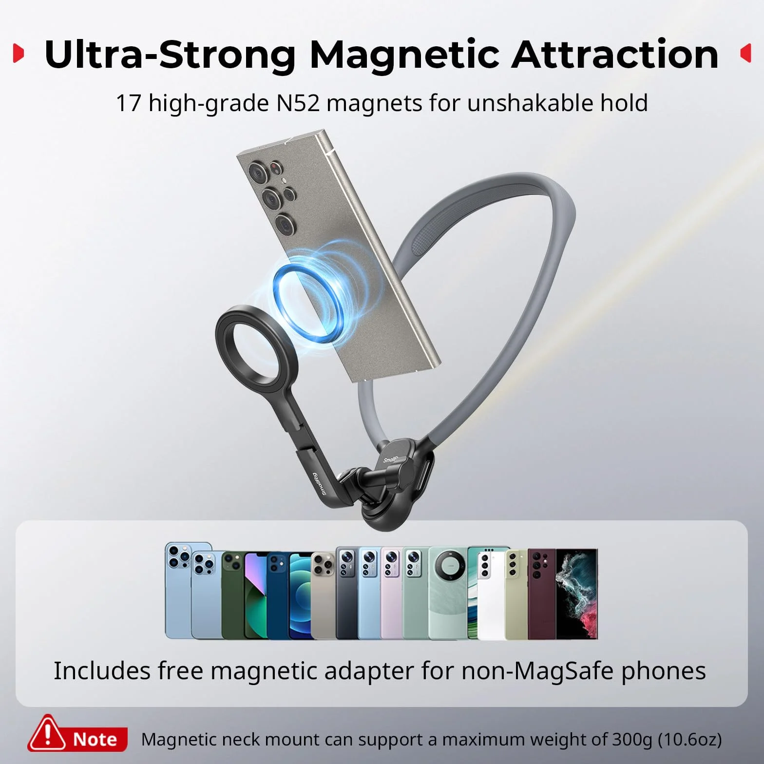 SMALLRIG Magnetyczny uchwyt na szyję do telefonu i kamery sportowej 300g iPhone 16/15/14 Android GoPro 13/12 DJI Action 5 Pro/4/3 Insta360