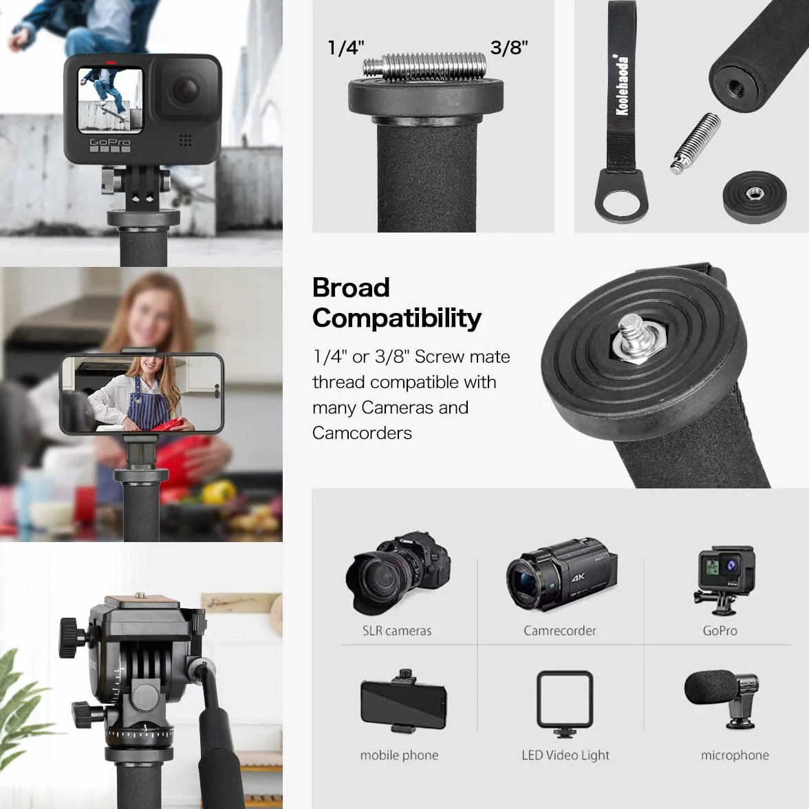 Koolehaoda Rozciągliwy Monopod do Aparatu Fotograficznego Ze Stopu Aluminium Z Podstawką Do Statywu, 5-Sekcyjny 52 cm-168 cm Regulowany Do Aparatów SLR Kamer Wideo, Ładowność Do 7 kg