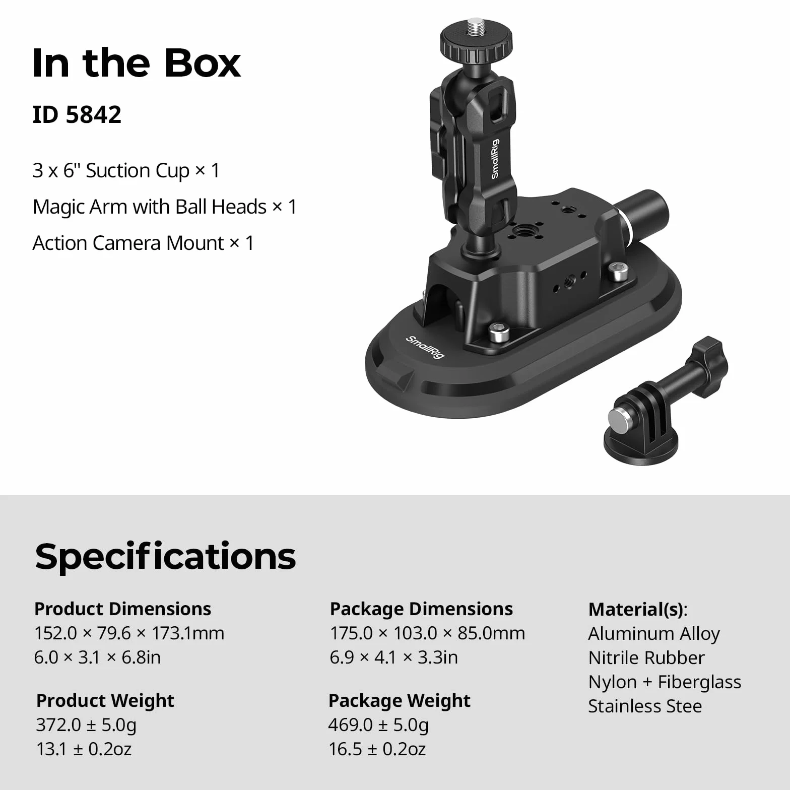 SMALLRIG 3 x 15 cm samochodowy wspornik ssący do kamer sportowych 5842