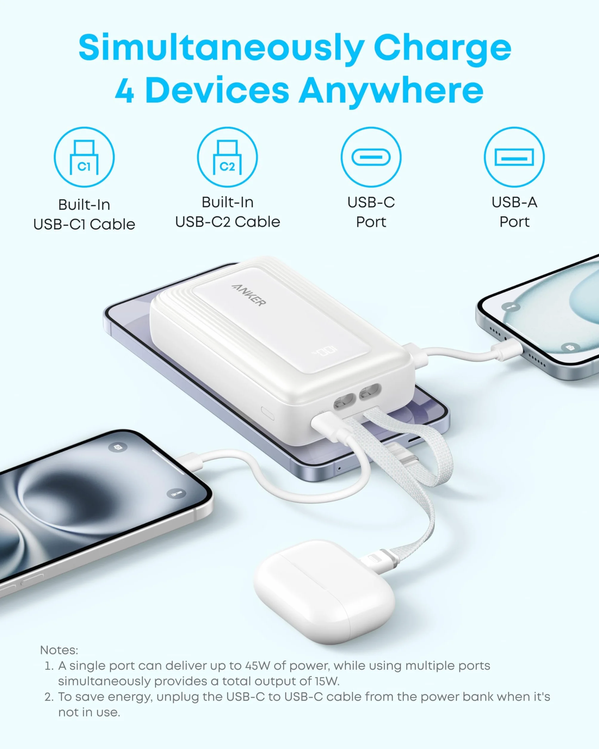 Anker Zolo Powerbank (Wersja 2025), Szybkie Ładowanie 45W, Power Bank 20 000 mAh, Dwa Wbudowane Kable USB-C, Port USB-C i USB-A, dla iPhone 17/16, Galaxy, MacBook i innych.
