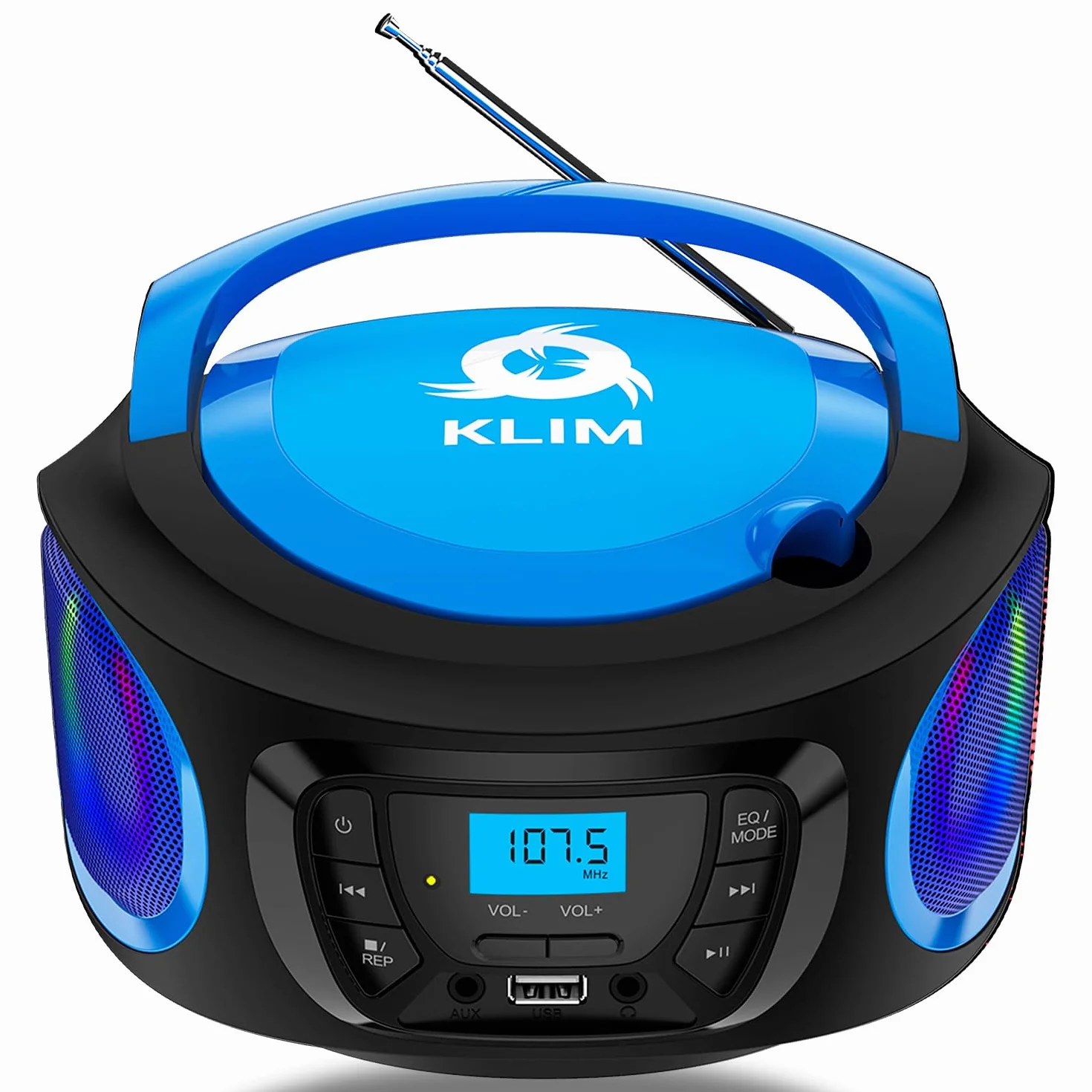KLIM Boombox Radio CD. Radio FM, CD Bluetooth, MP3, USB, AUX + baterie do ładowania, tryby przewodowe i bezprzewodowe + kompaktowy i wytrzymały + nowa wersja 2022 + niebieski