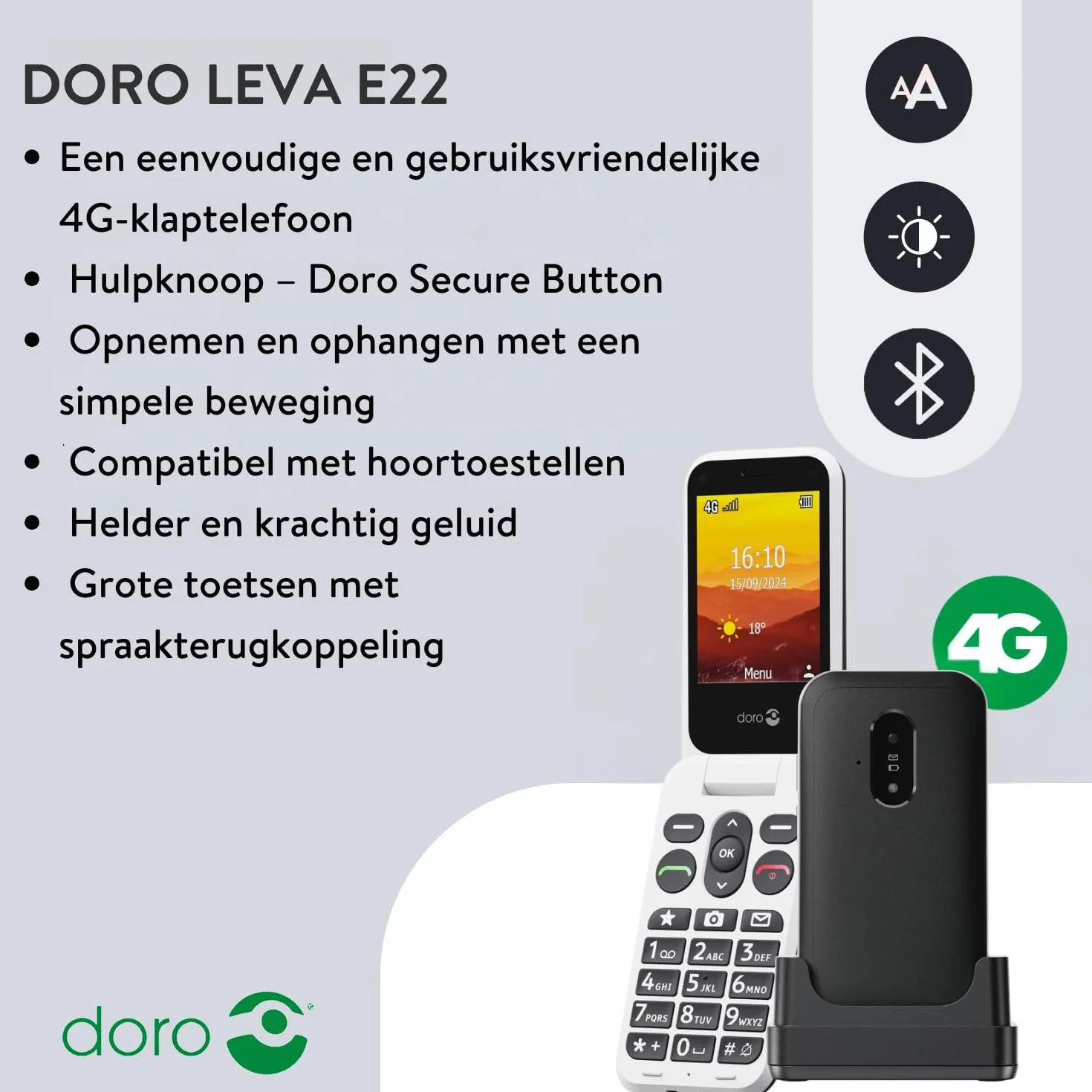 doro Telefon Leva E22 - telefon z klapką 4G duży ekran 2,8 cala, głośny dźwięk HD, bezpieczny przycisk, podstawka ładująca