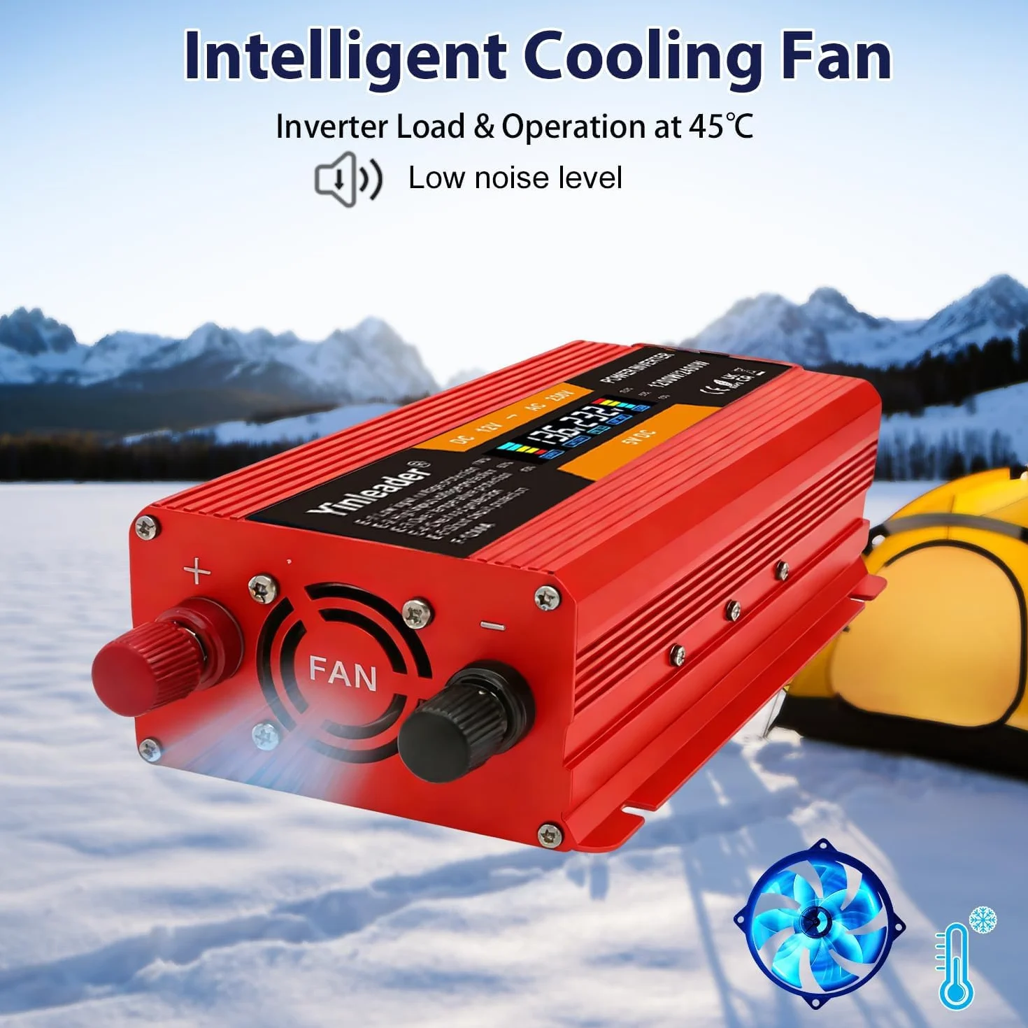 Yinleader Przetwornica napięcia 1200 W 2400 W 12 V 230 V falownik Dual USB Power Inverter z wyświetlaczem LCD czerwony