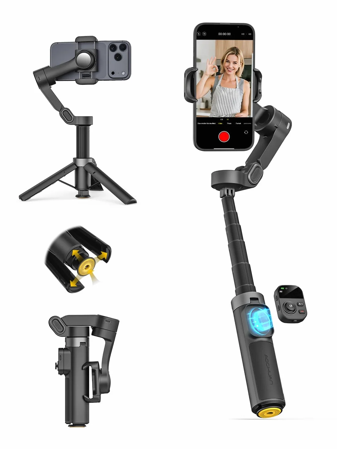 AOCHUAN 3-osiowy stabilizator gimbala do iPhone'a ze śledzeniem twarzy 360°, magnetyczny stabilizator telefonu