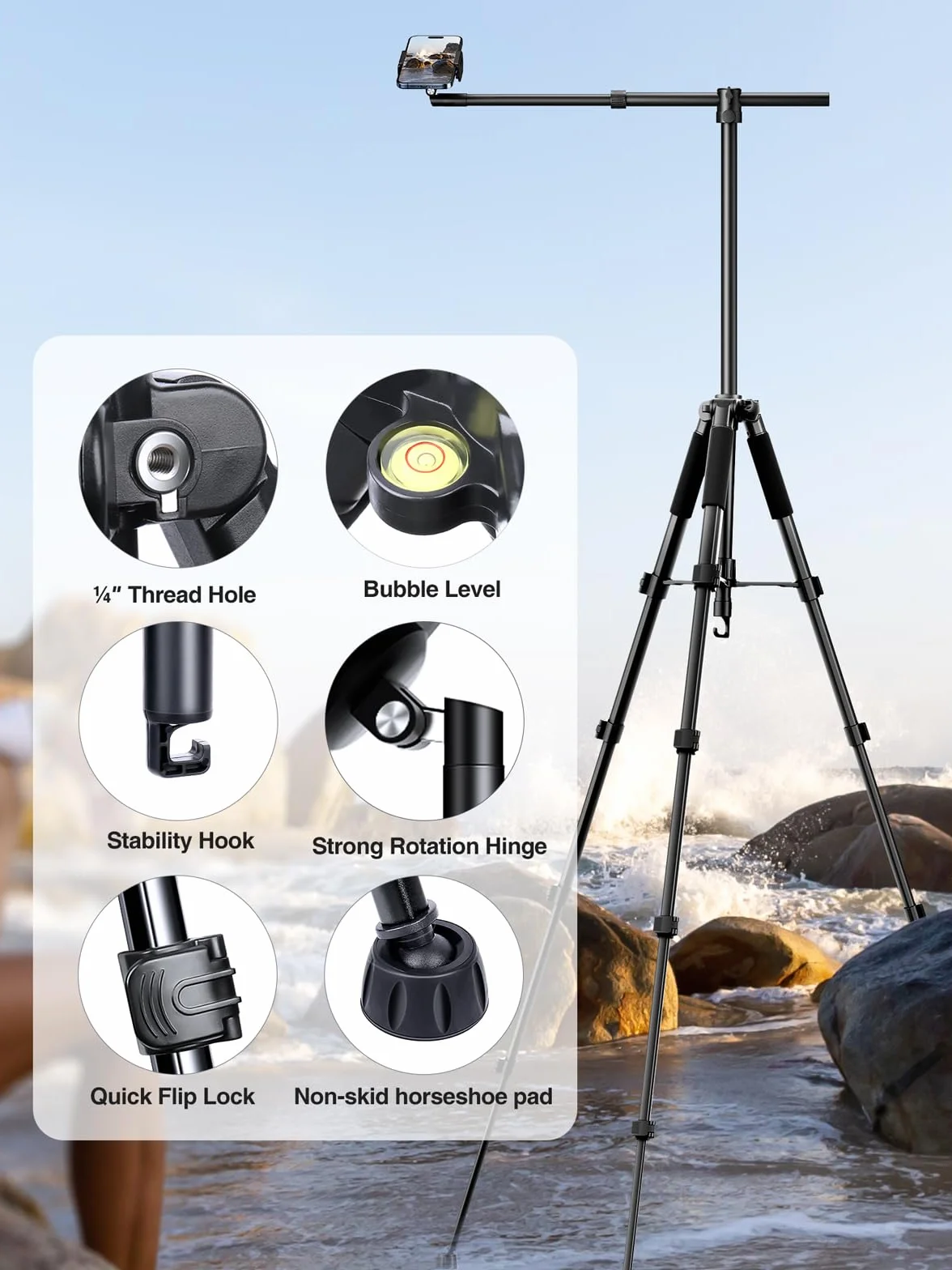 elitehood Statyw do telefonu do nagrywania wideo z góry – ulepszony poziomy regulowany statyw 150 cm do iPhone'a z 64 cm długim wysuwanym ramieniem, obrotowy o 360° uchwyt stojaka na iPhone'a do