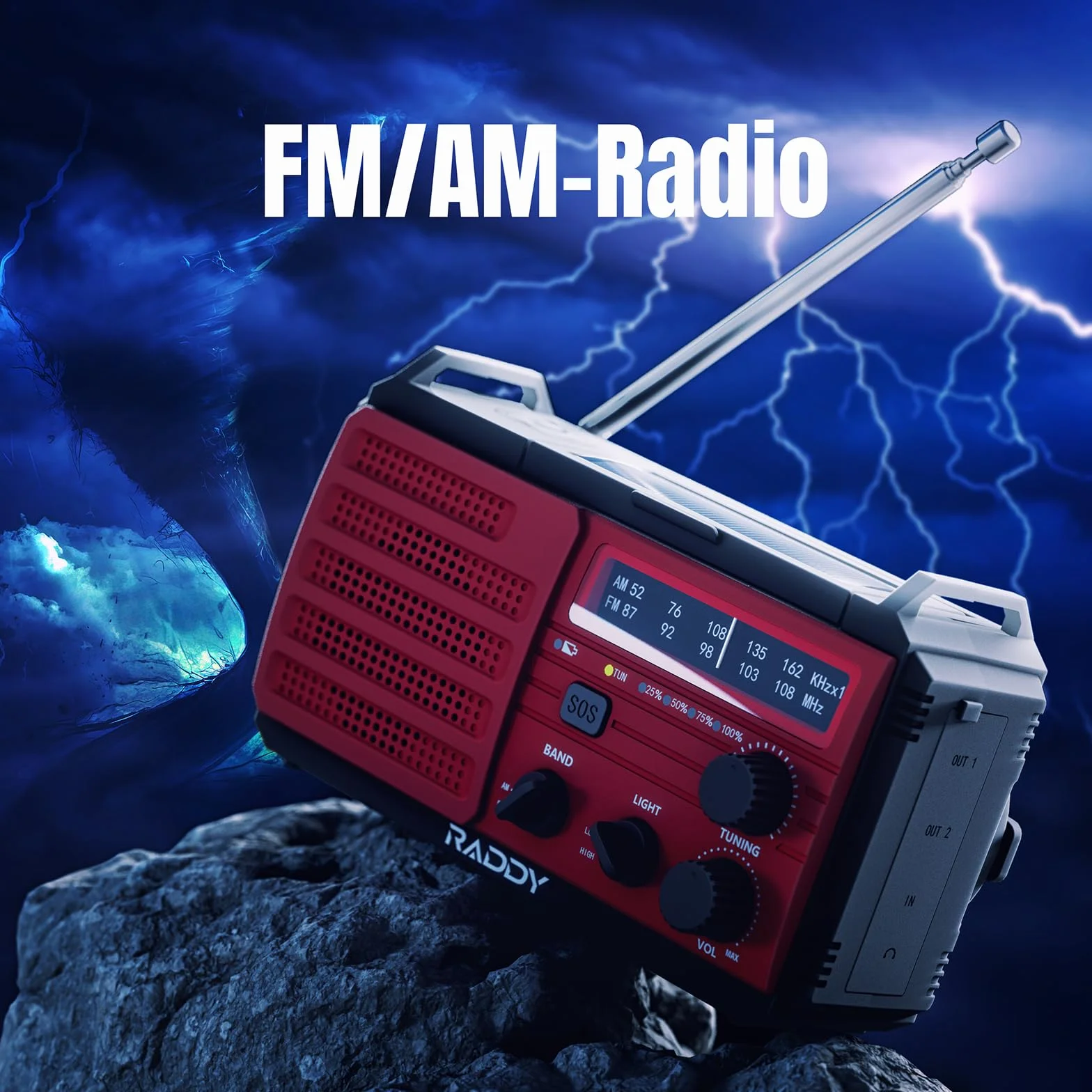 [10000 mAh] Raddy SW10 Radio awaryjne, korbka słoneczna, radio AM FM z akumulatorem ładowanym przez panel słoneczny, latarka, alarm SOS i kompas obozowania i w przypadku huraganu na zewnątrz