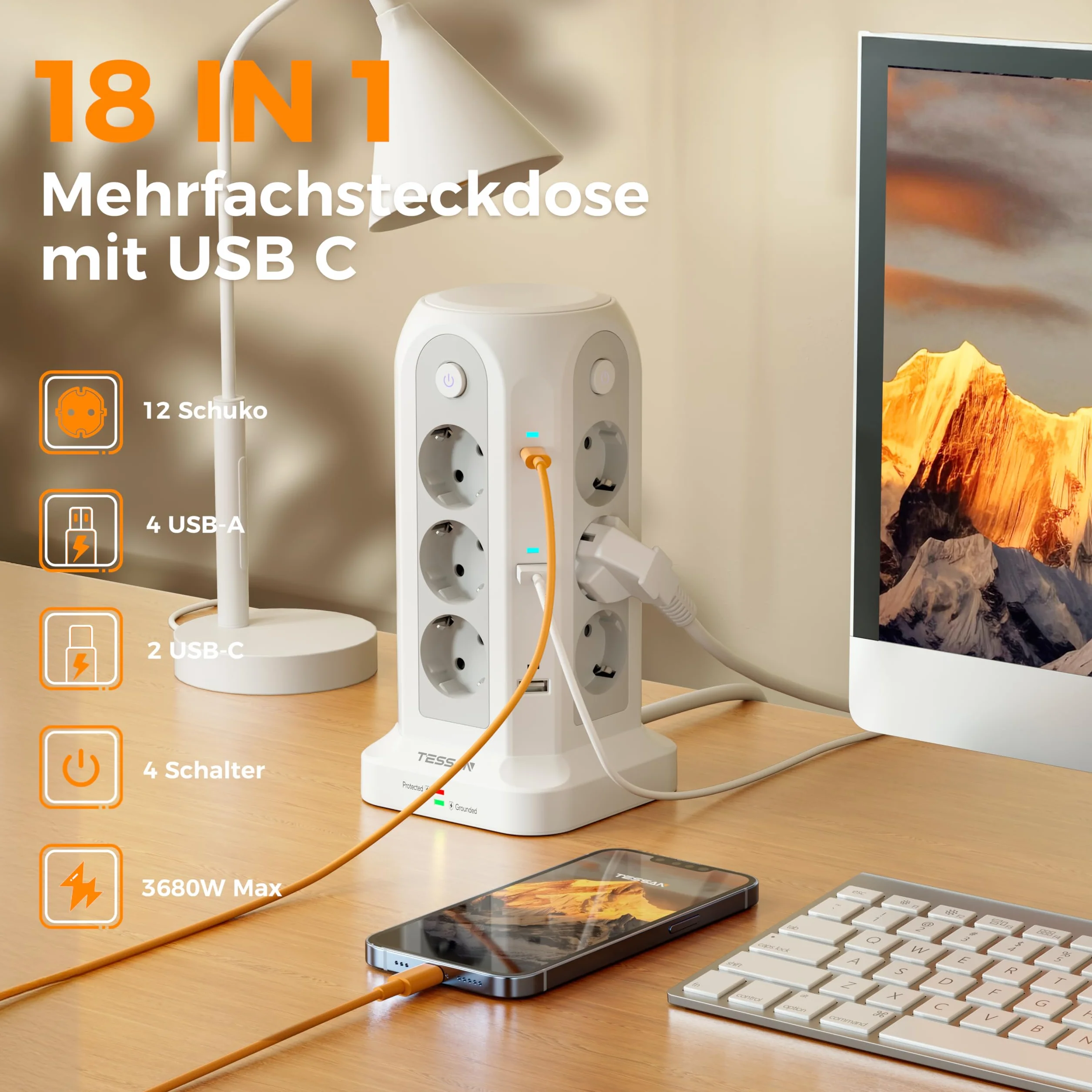 TESSAN 12 składanych gniazd, listwa zasilająca z 4 USB A i 2 USB C, przedłużacz z wieloma wtyczkami 2 m, listwa zasilająca z USB i przełącznikiem do domowego biura, szaro-biały