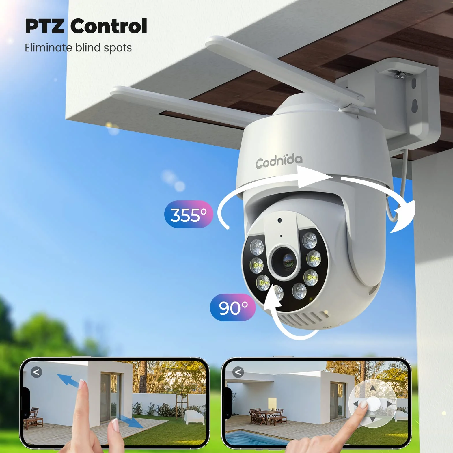 Codnida 2K kamera monitoringowa do użytku na zewnątrz, kamera Wi-Fi, 360° widok, 3MP, z 2-drożnym audio, automatyczne śledzenie, noktowizor w kolorze, alarm syrenowy, współpracuje z Alexa