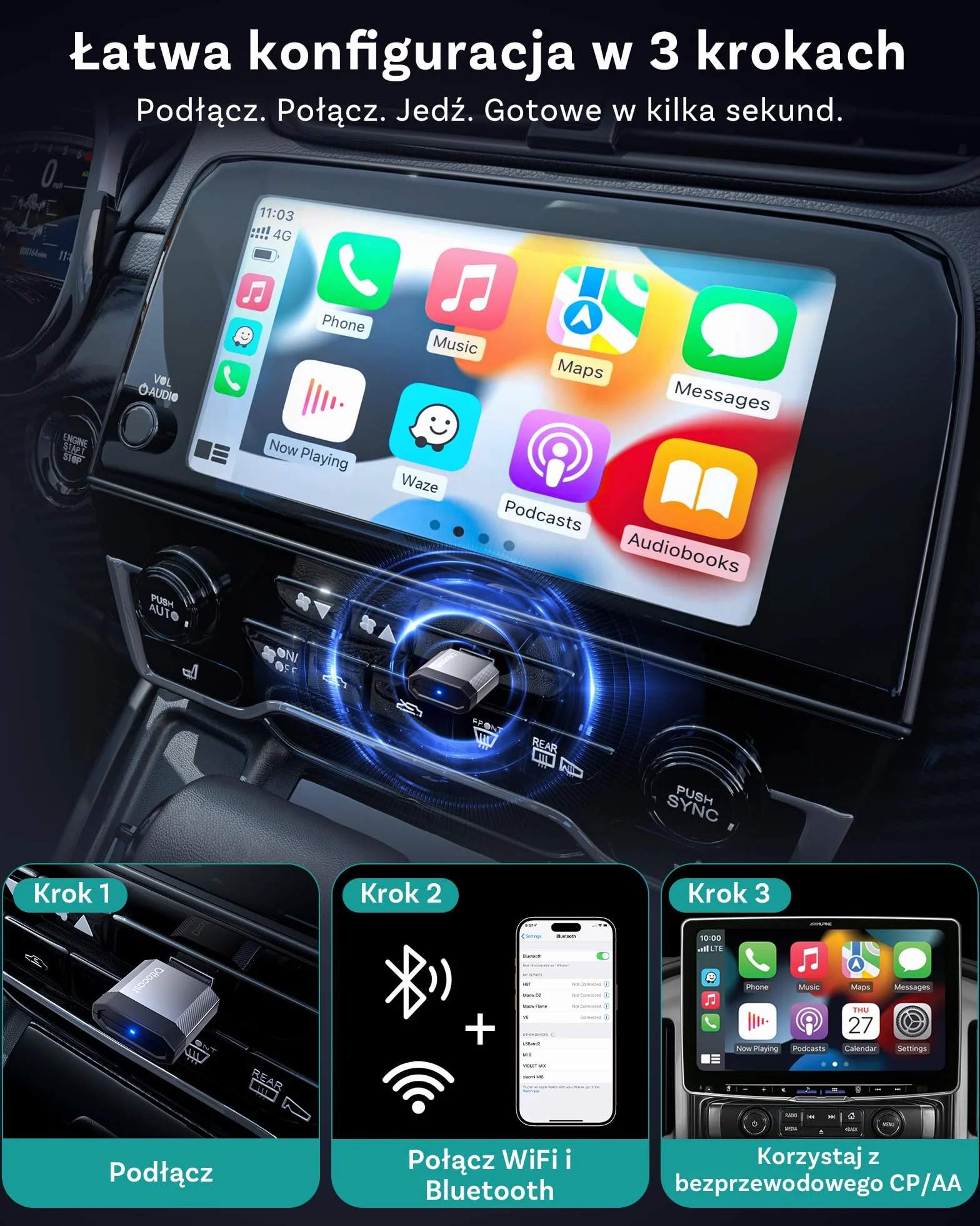 Ottocast Mini Nova Bezprzewodowy Adapter CarPlay Android Auto USB Plug Play Automatyczne Połączenie Aluminiowa Konstrukcja