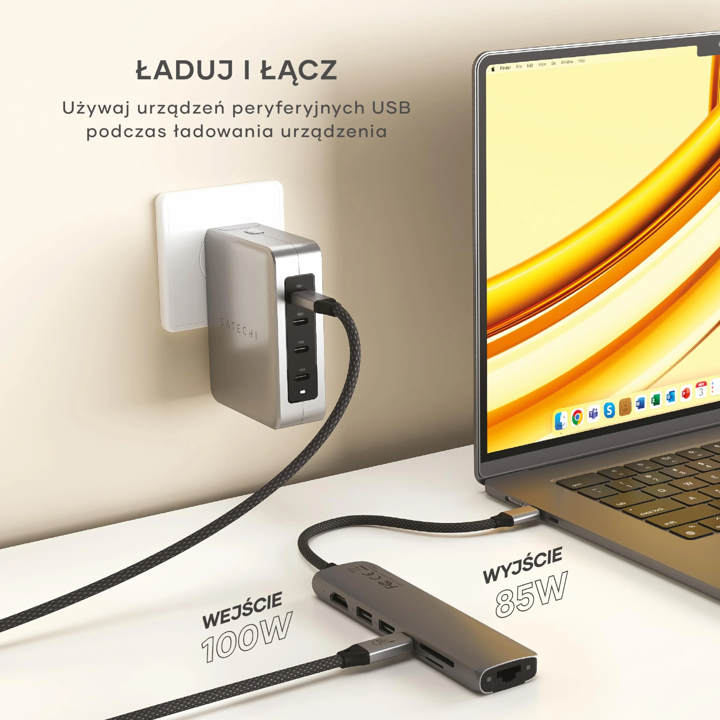 SATECHI 7-w-1 Slim Plus koncentrator USB-C, adapter wieloportowy z Ethernetem, ładowaniem PD 100 W, HDMI 4K@60Hz, 2x USB-A 10 Gb/s i SD/MicroSD do MacBooka Air/Pro/Neo, laptopa i innych – szary