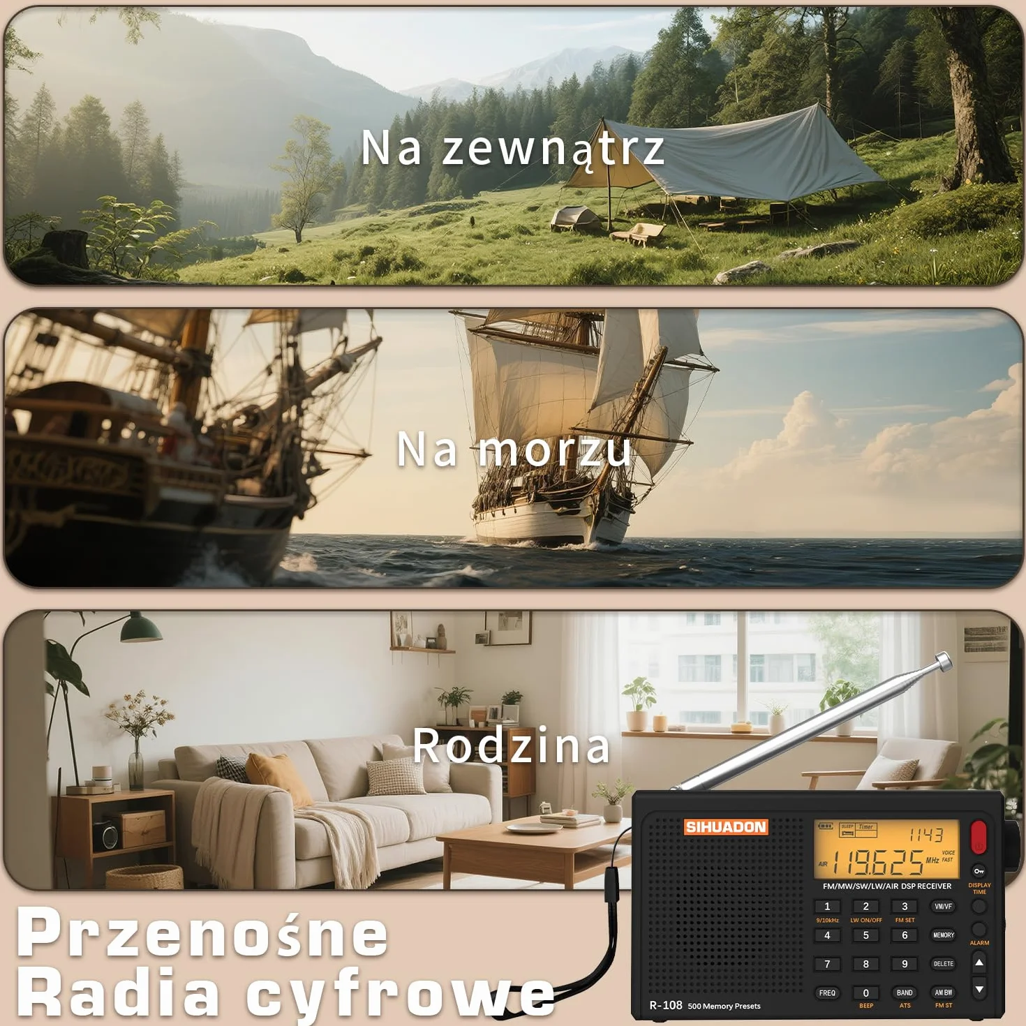 Radio przenośne SIHUADON R108 FM, wielozakresowe SW, MW, z czystym odbiorem i doskonałym dźwiękiem, gniazdo słuchawkowe, timer, budzik, zasilanie na baterie, kolor czarny