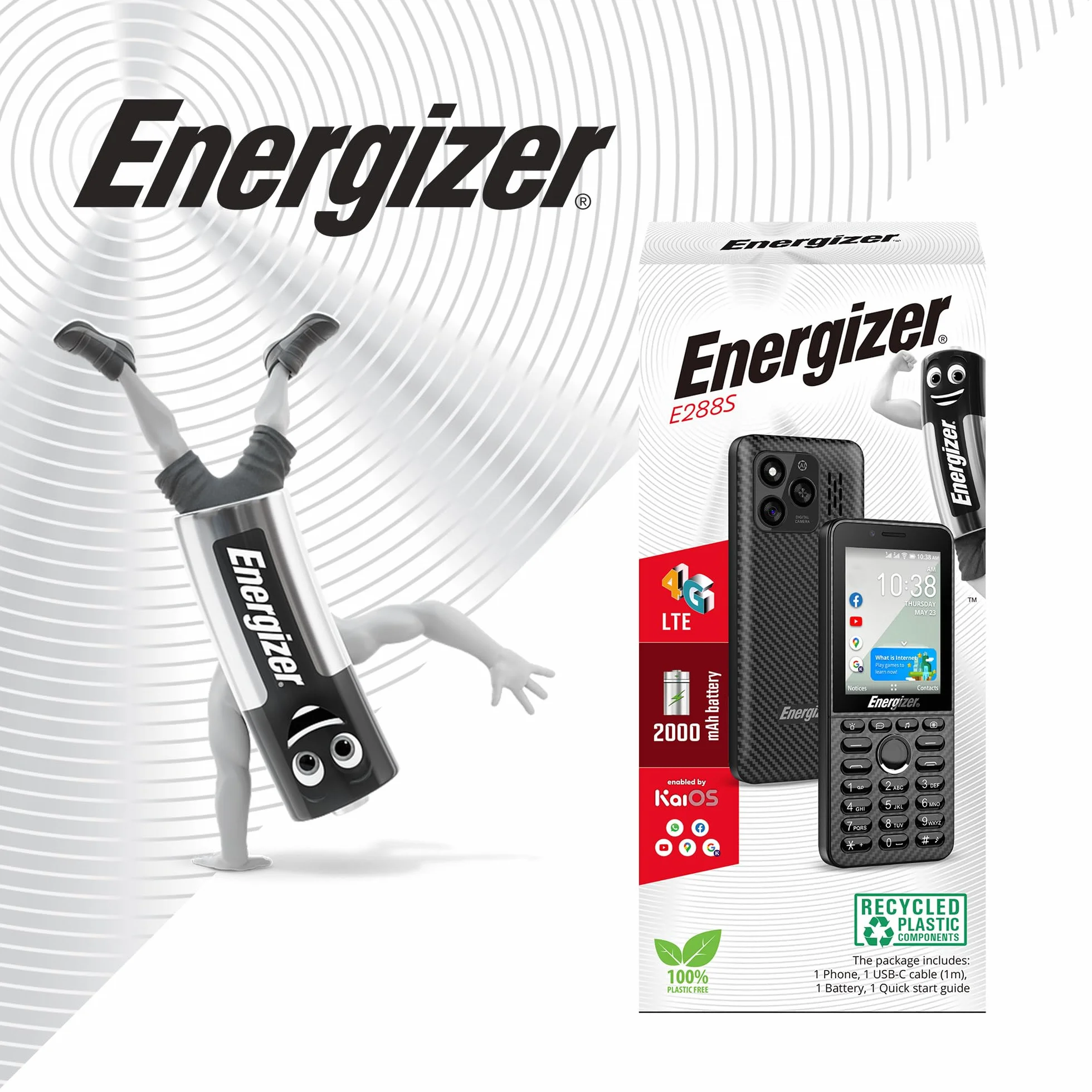Telefon Energizer E288S, 4G, KaiOS, bateria 2000 mAh, duży ekran 2,8'', 4GB RAM 512 MB ROM, kabel USB-C, bez ładowarki sieciowej