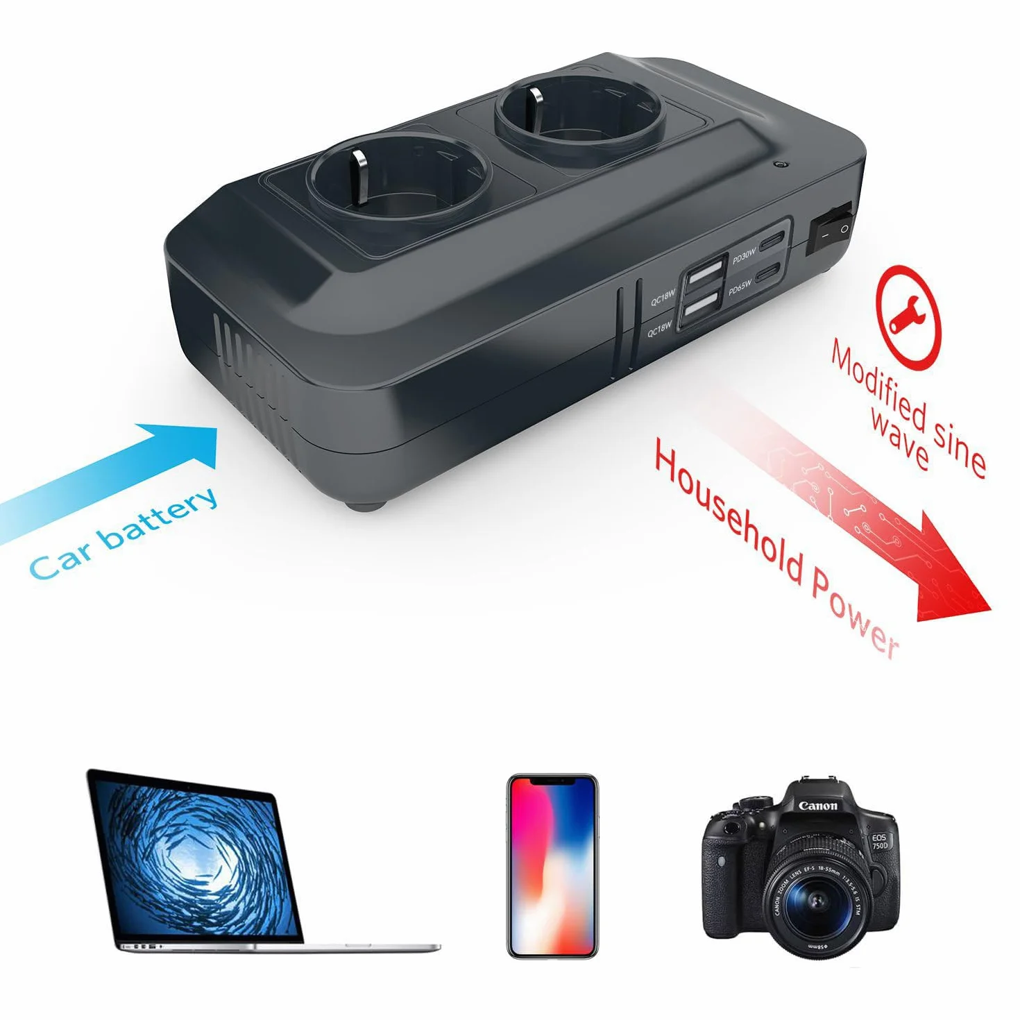 BESTEK samochodowa przetwornica napięcia 200 W 12 V na 230 V falownik z 2 gniazdami i 4 USB czarny