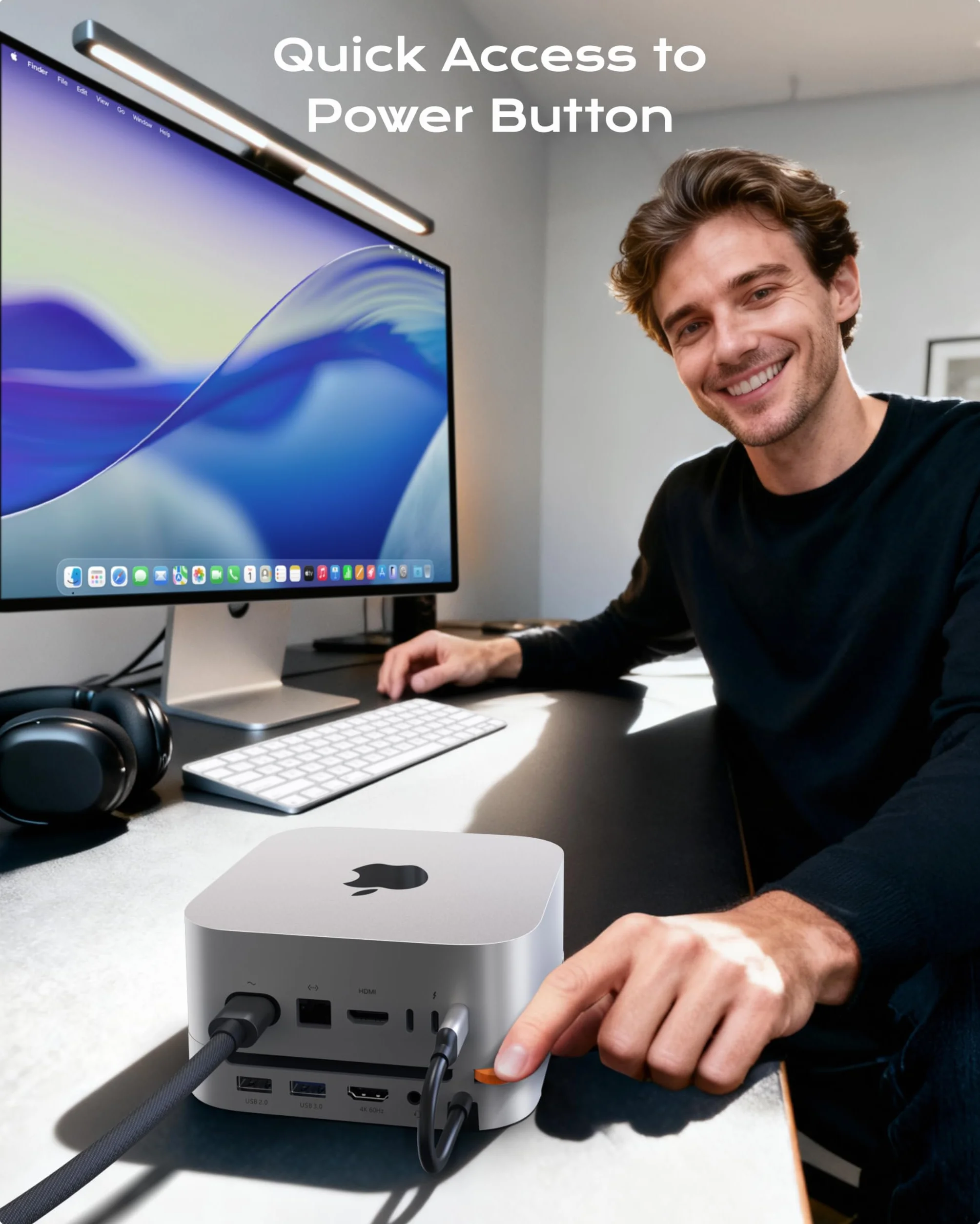 Stacja dokująca Stouchi Mac mini M4 z obudową SSD NVMe, podstawką i hubem M4 z 2 portami USB A 10 Gb/s, czytnikami kart SD/TF, HDMI 4K@60HZ, 2 portami USB A do transmisji danych, gniazdem audio 3,5 mm
