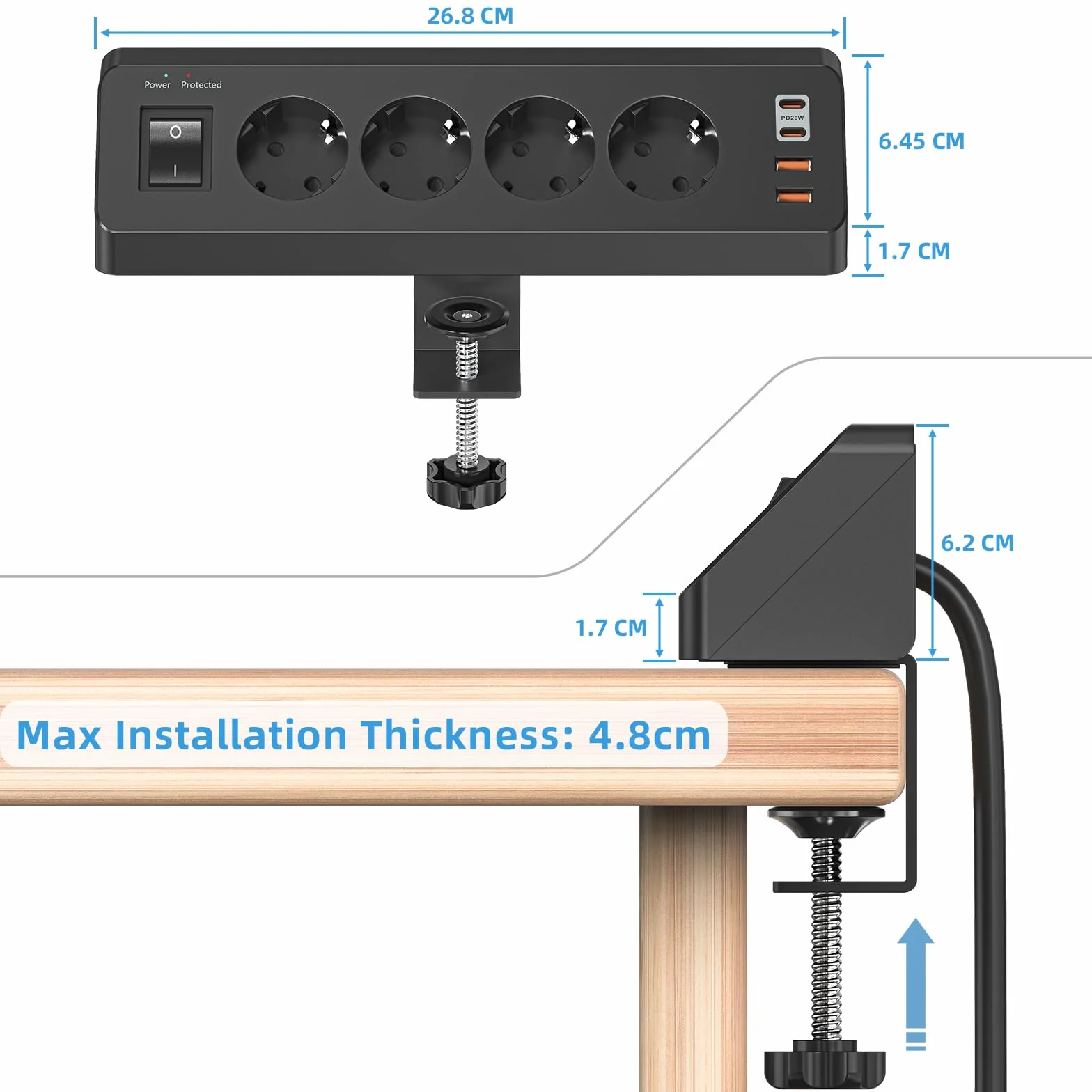 Gniazdo wtykowe stołowe z USB C (PD 20 W), listwa zasilająca 8 w 1, biurko z przełącznikiem, 4 wtyki, 4 gniazda USB, ochrona przed przepięciem, kabel 2 m, do domu, biura (czarne)