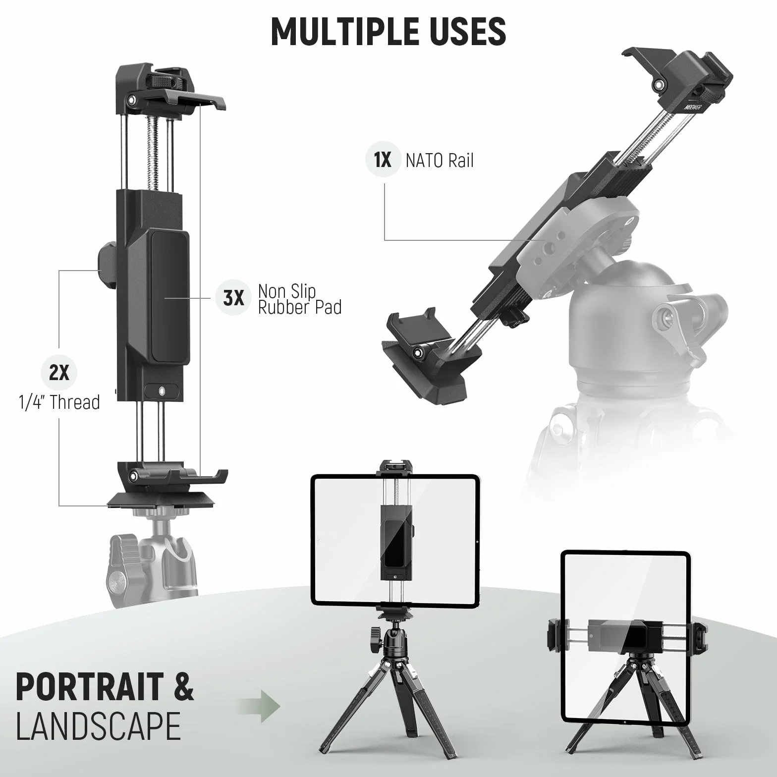 NEEWER Uchwyt do tabletu do iPada, statywu, adaptera, metalowy zacisk do tabletu z Cold Shoe, podstawa Arca, interfejs NATO, śruba 1/4" do iPada mini Air Pro Surface Pro (7,9" do 12,9"), PA100
