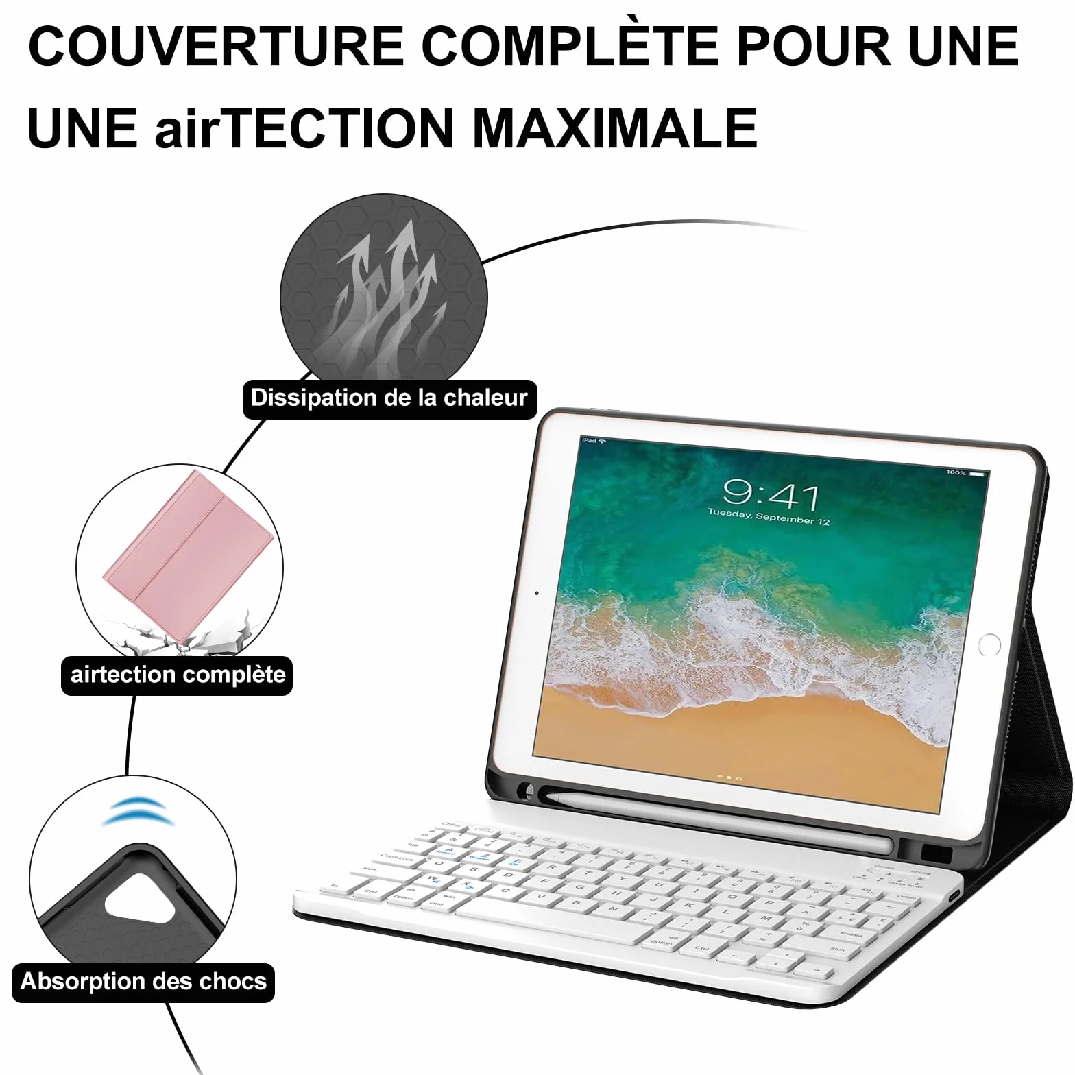 IVEOPPE Etui na klawiaturę do iPada 6/5 EME Generation/Pro 9.7 / Air 2/Air 1 9,7", AZERTY francuski pokrowiec na klawiaturę, zdejmowany układ bezprzewodowy Bluetooth z ołówkiem do iPada 9.7 2018