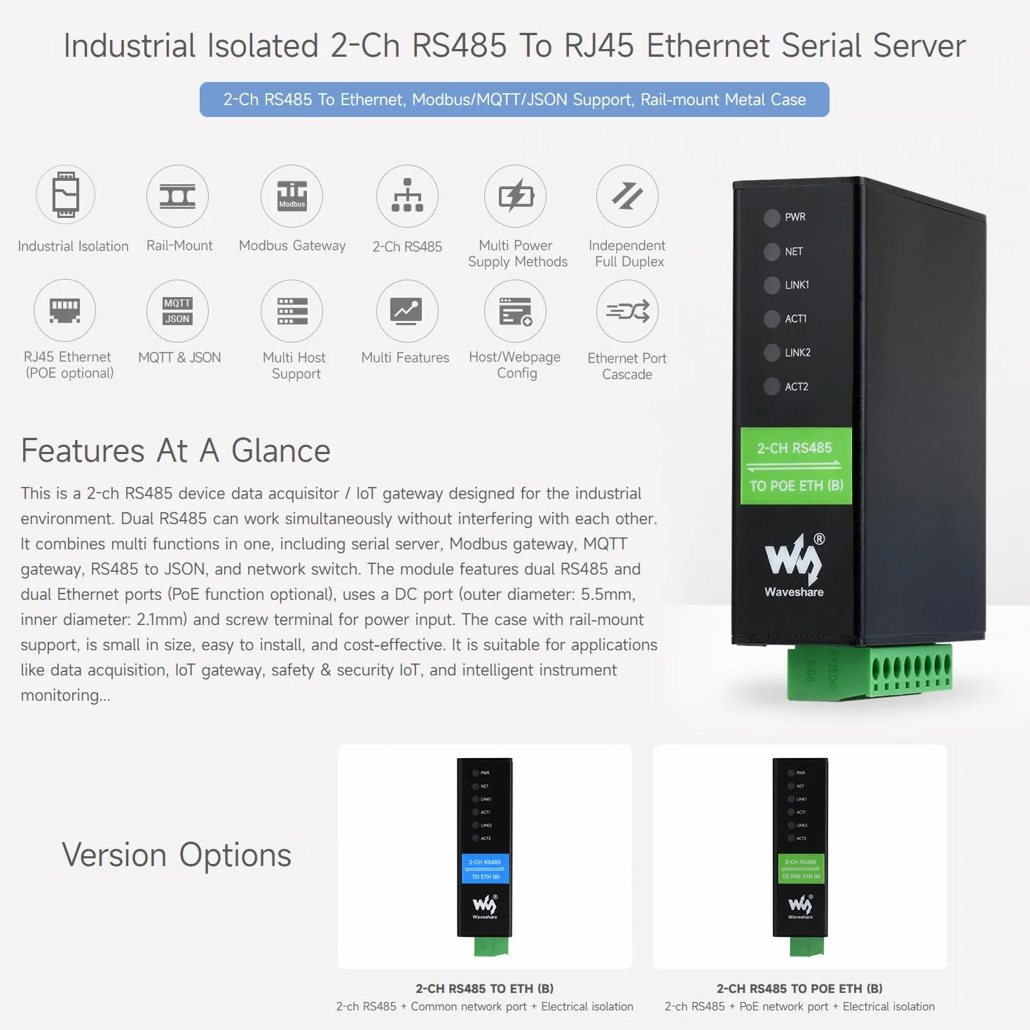 Waveshare 2-Ch RS485 To POE Ethernet Serial Server, 2-Channel RS485 Independent Operation, 2x POE Ethernet Port, Rail-Mount Industrial Isolated Serial Module, Bidirectional Transparent Transmission