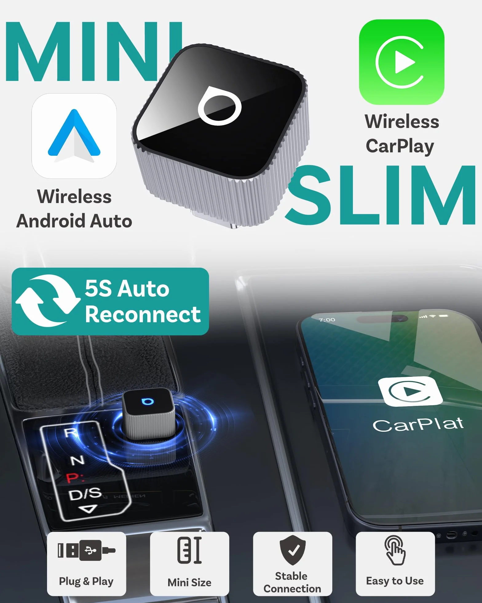 OTTOCAST Mini Cube 3.0 USB C bezprzewodowy adapter CarPlay Android Auto 2026 - Plug & Play srebrny