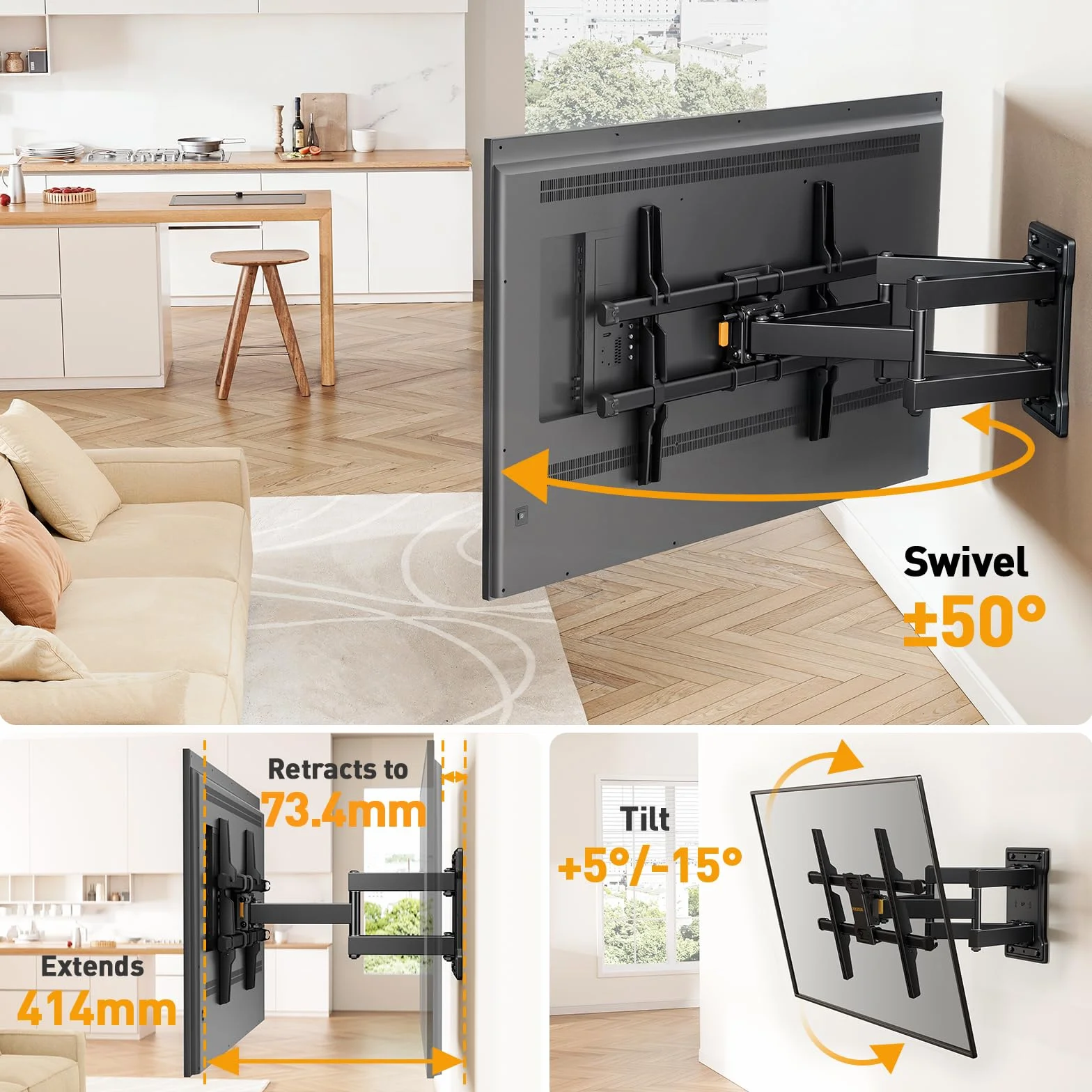 Perlegear Uchwyt ścienny do telewizora 32-85 cali do 60 kg, obrotowy i uchylny uchwyt ścienny do telewizora, uchwyt do telewizora z beznarzędziowym nachyleniem, Max VESA 600 x 400 mm, PGLF6