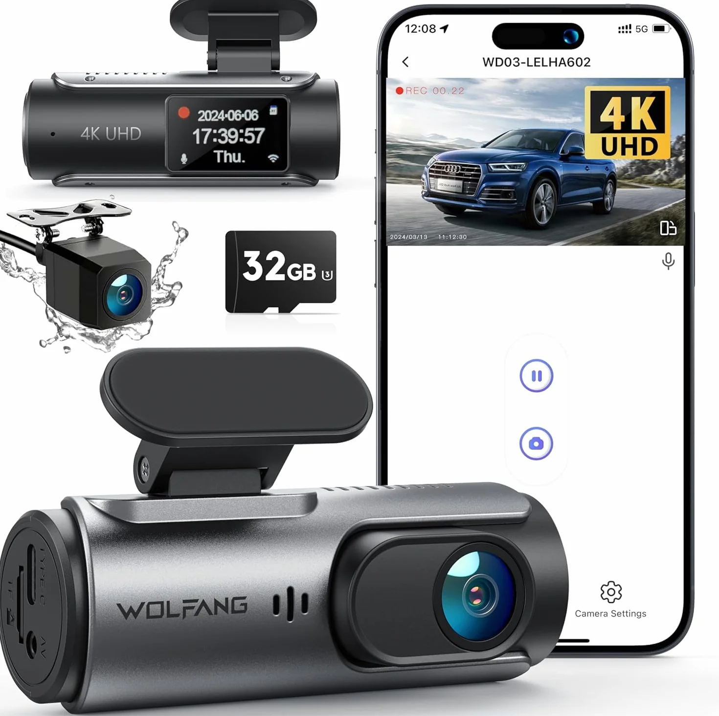 Kamera samochodowa WOLFANG 4K przednia i tylna kamera samochodowa Wi-Fi z kartą SD 32 GB, podwójna kamera samochodowa z noktowizorem, nagrywanie w pętli, czujnik G, szeroki kąt 170, osłona parkowania