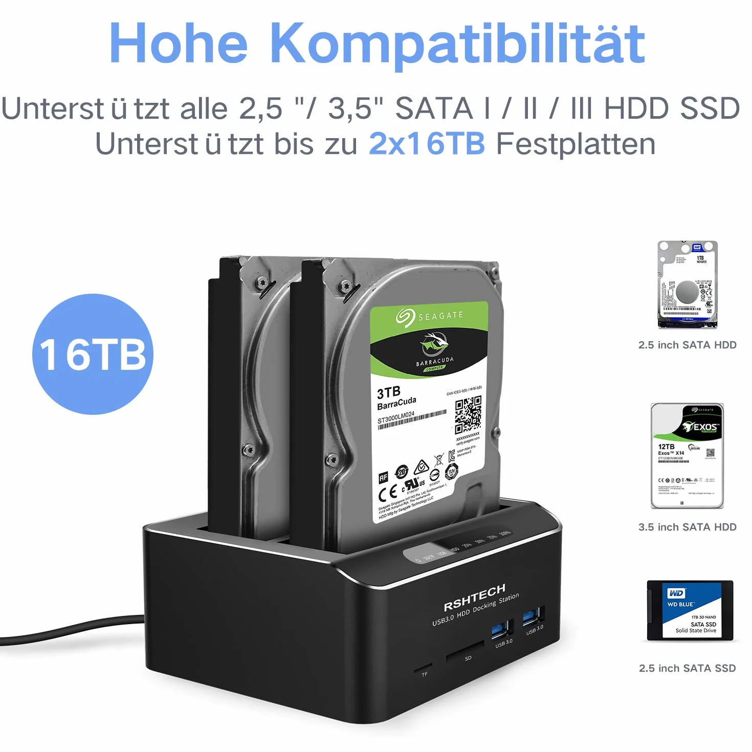 RSHTECH Stacja dokująca dysku twardego USB 3.0 SATA HDD SSD 2.5 3.5 z Czytnikiem Kart SD TF Klonowanie Offline 2 x Napęd 16TB 6Gbit/s