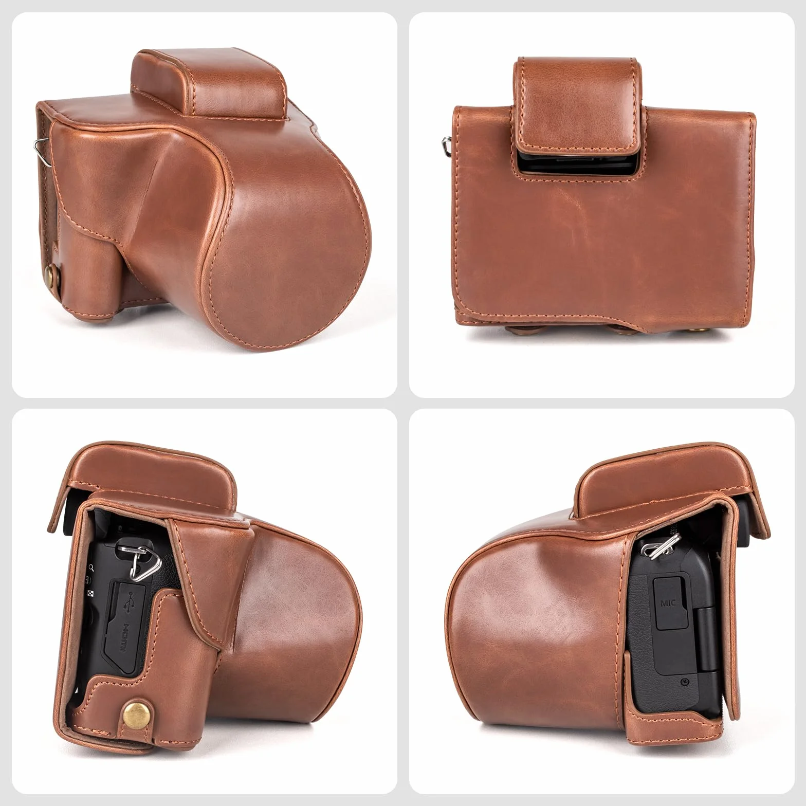MUZIRI KINOKOO EOS R50 R100 etui, retro etui ochronne ze skóry PU do aparatu Canon EOS R50 R100 - torba na aparat z dolnym otworem i paskiem na ramię i kieszenią do przechowywania
