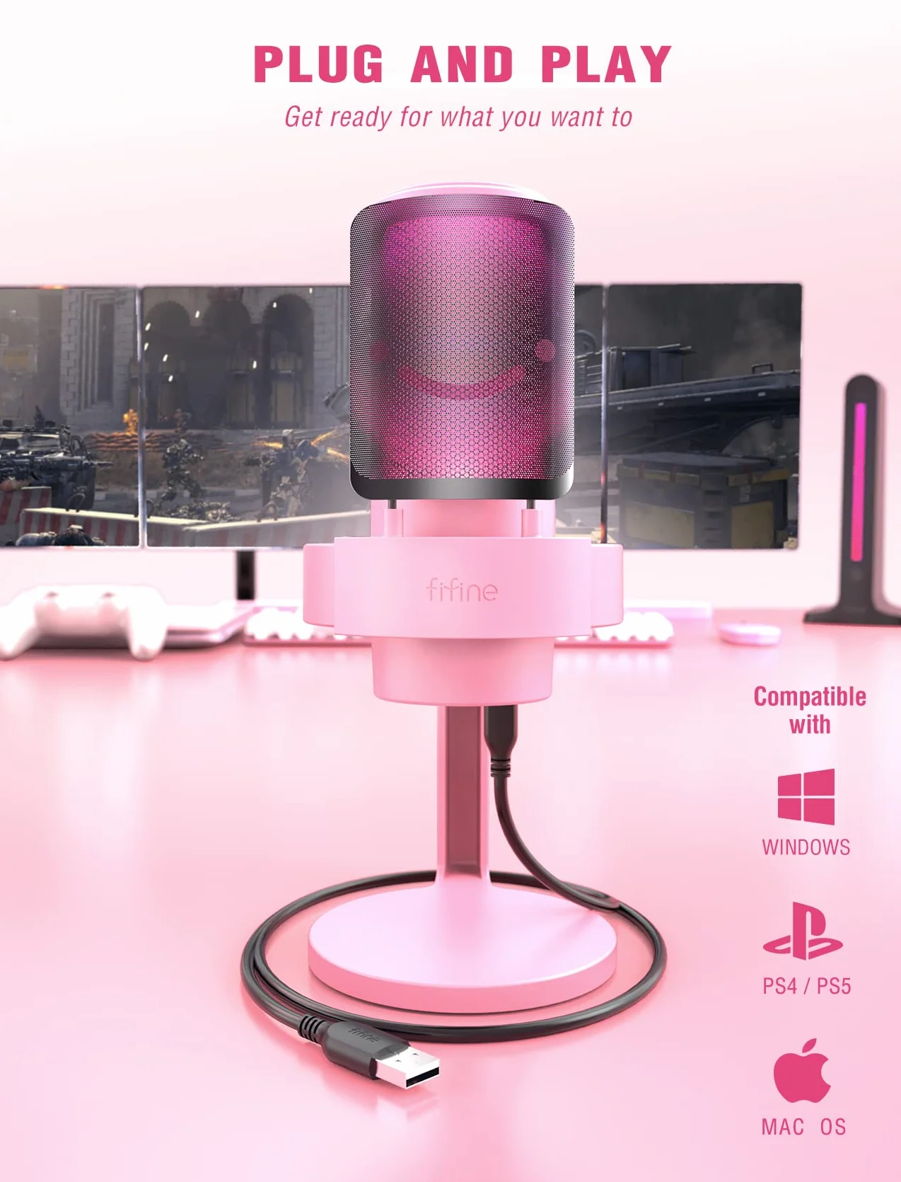 FIFINE Mikrofon USB do komputera, mikrofon gamingowy do streamingu podcastów, mikrofon USB C do PS4, PS5 MAC, ze sterowaniem RGB, wyciszeniem, przyłączem słuchawkowym, filtrem pop