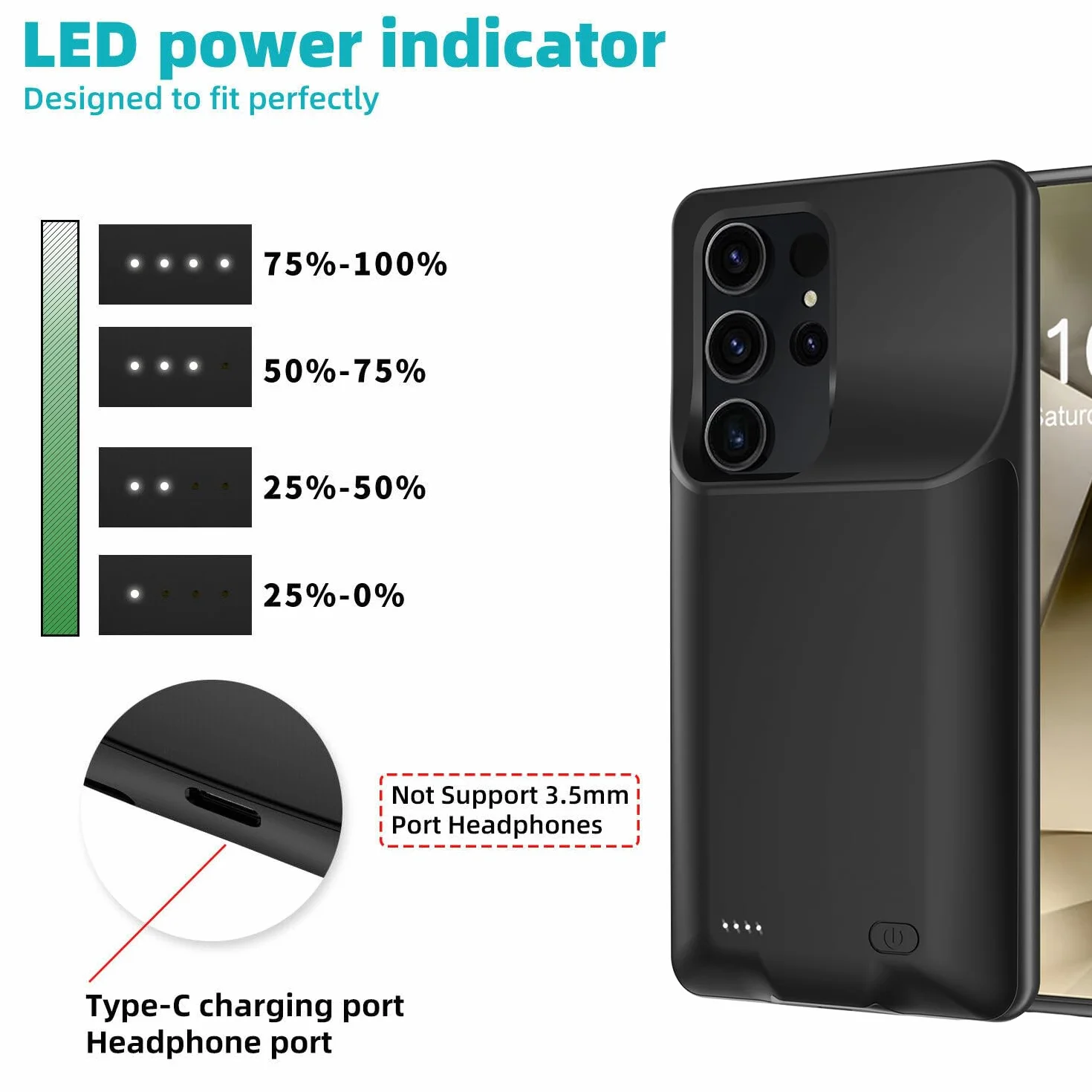 Etui na baterie 10000mAh do Samsung Galaxy S24 Ultra ładowalna obudowa ładująca, przenośna obudowa baterii do Samsung Galaxy S24 Ultra 5G czarna obudowa zasilania