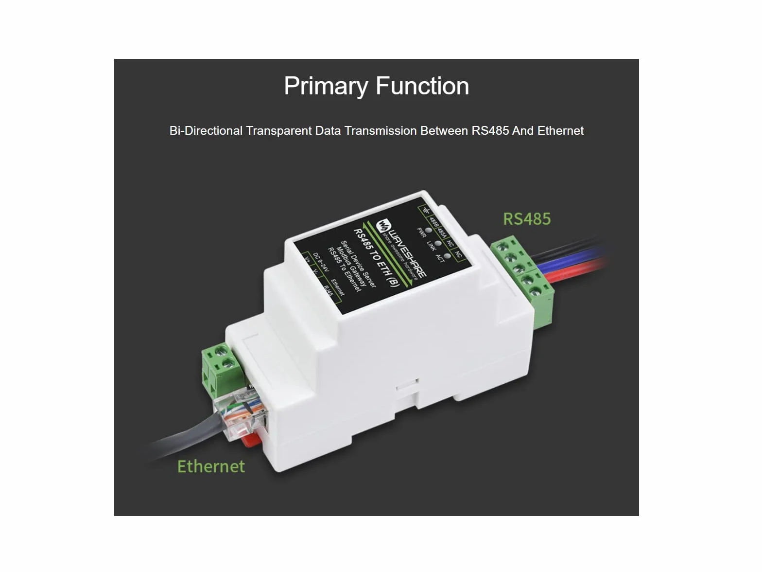 Waveshare RS485 do RJ45 Moduł Konwertera Ethernetu, Industrial Rail-Mount RS485 Serial Server, TCP/IP do modułu szeregowego, 300~115200 BPS Baurate, 10/100M Auto-Negotiation RJ45 Connector
