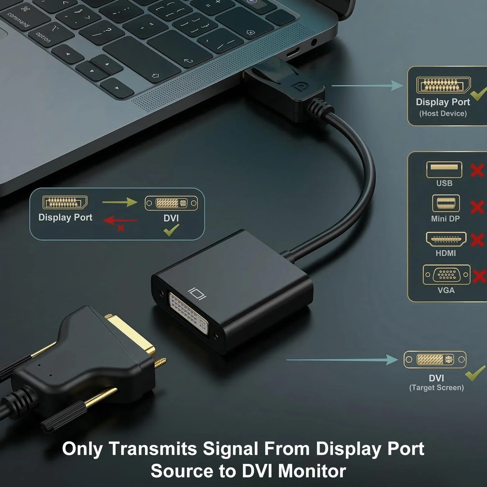 Adapter DisplayPort na DVI – pozłacana wtyczka DP na gniazdo DVI, kabel 15 cm, kompatybilny z monitorem, projektorem, komputerem – kabel DVI DisplayPort do Lenovo, Dell, HP