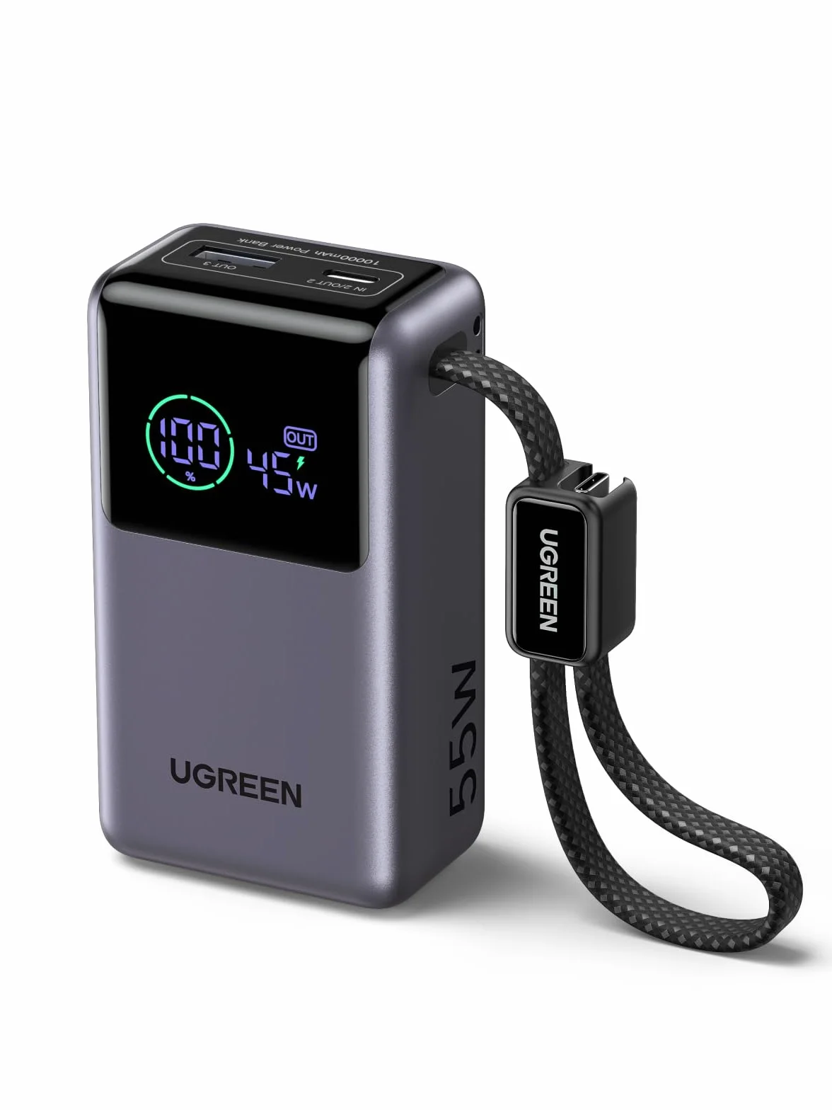 Power bank UGREEN 55W, 10000mAh z wbudowanym kablem, HyperCharge dla Xiaomi, szybkie ładowanie PD 45W, kompatybilny z iPhone'em 17/16/15, szary