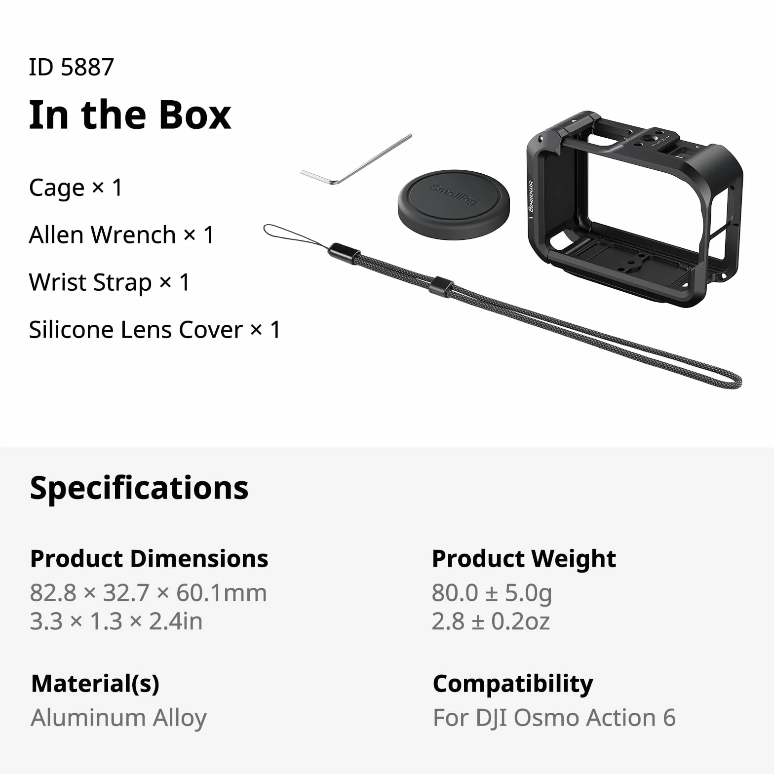 SMALLRIG Klatka do DJI Osmo Action 6 (Advanced Edition), aluminiowa klatka na kamerę z zimną stopką, paskiem na nadgarstek, osłoną obiektywu, ramką ochronną z otworami montażowymi 1/4"-20-5887