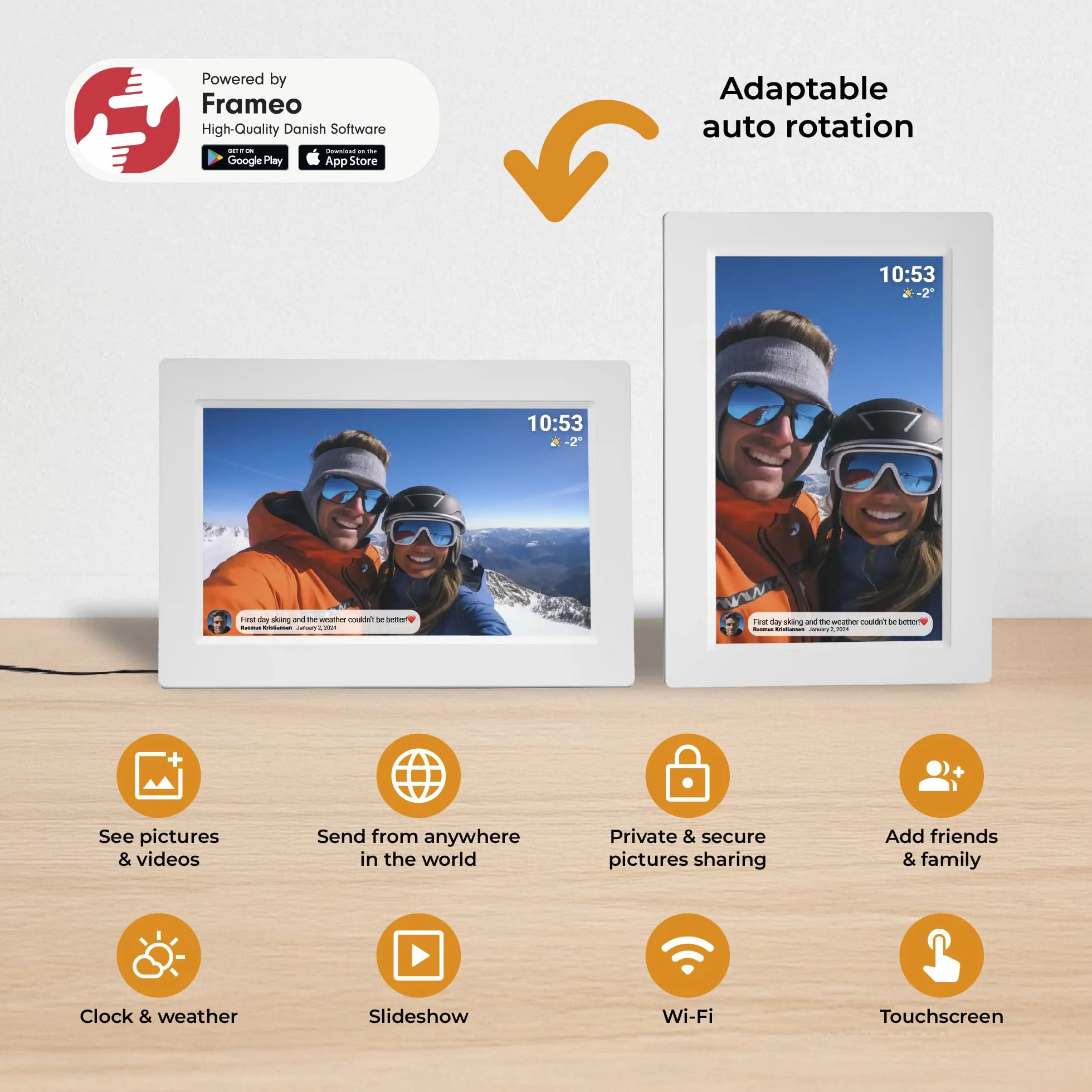 Denver Cyfrowa ramka na zdjęcia, biała, 10,1 cala z Wi-Fi – Frameo Digital Photo Frame Frame Frame z ekranem dotykowym i pamięcią 16 GB – elektryczna ramka na zdjęcia ze sterowaniem za pomocą