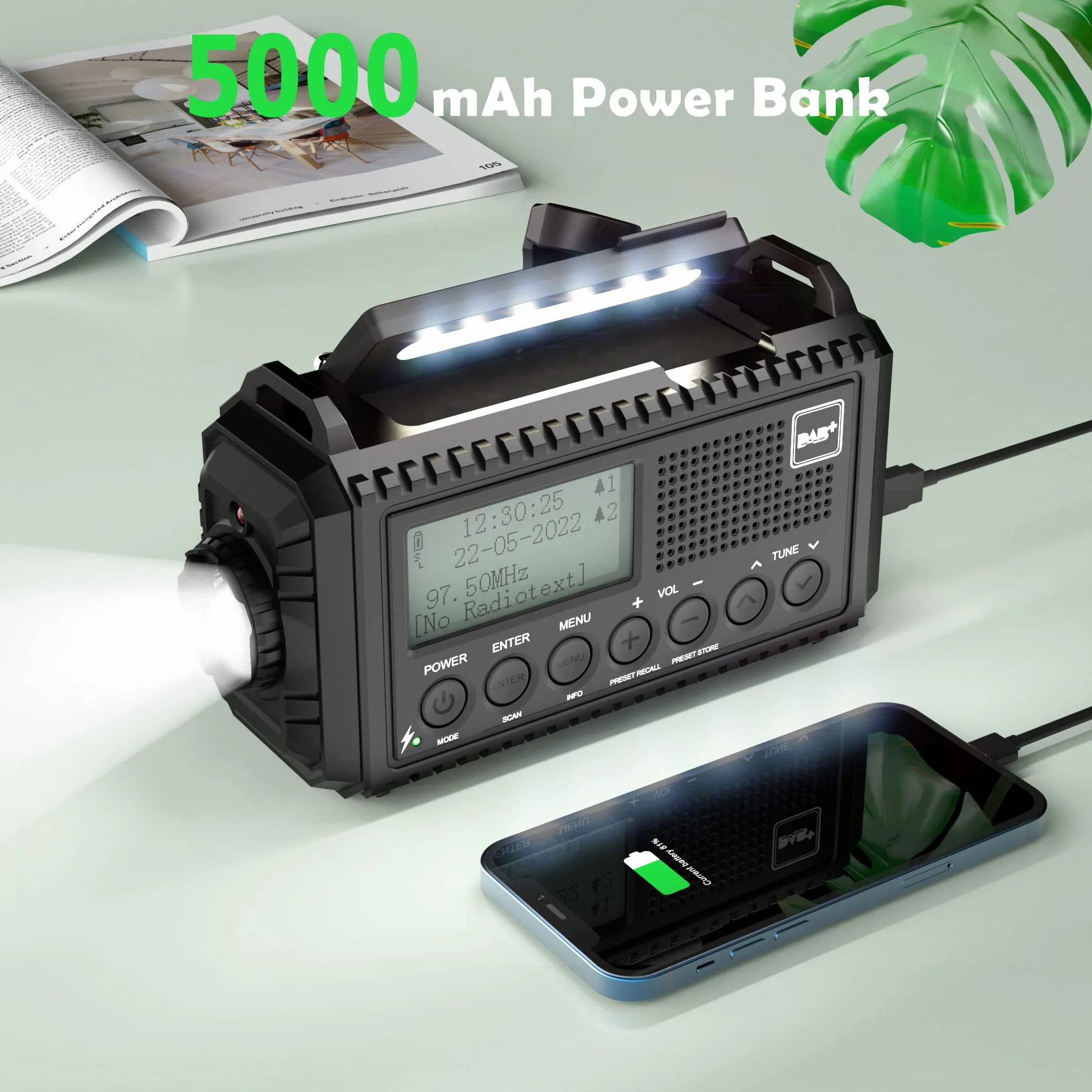 Dab Wind Up Radio, 5000 mAh, zasilane energią słoneczną, radio awaryjne z alarmem SOS, radio korbowe z ładowarką USB, przenośne radio Dab z latarką, gniazdem słuchawkowym i budzikiem, na kemping