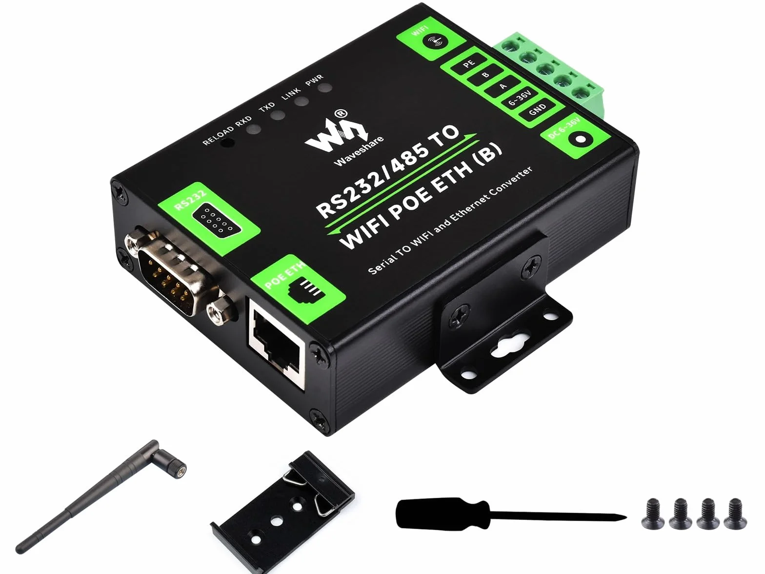 Waveshare RS232/485 to WiFi and RJ45 Ethernet Converter Module with POE Function, Industrial Grade Server Serial, obsługa Ethernet to WiFi, port szeregowy do Ethernet, bramka modbowa, brama MQTT