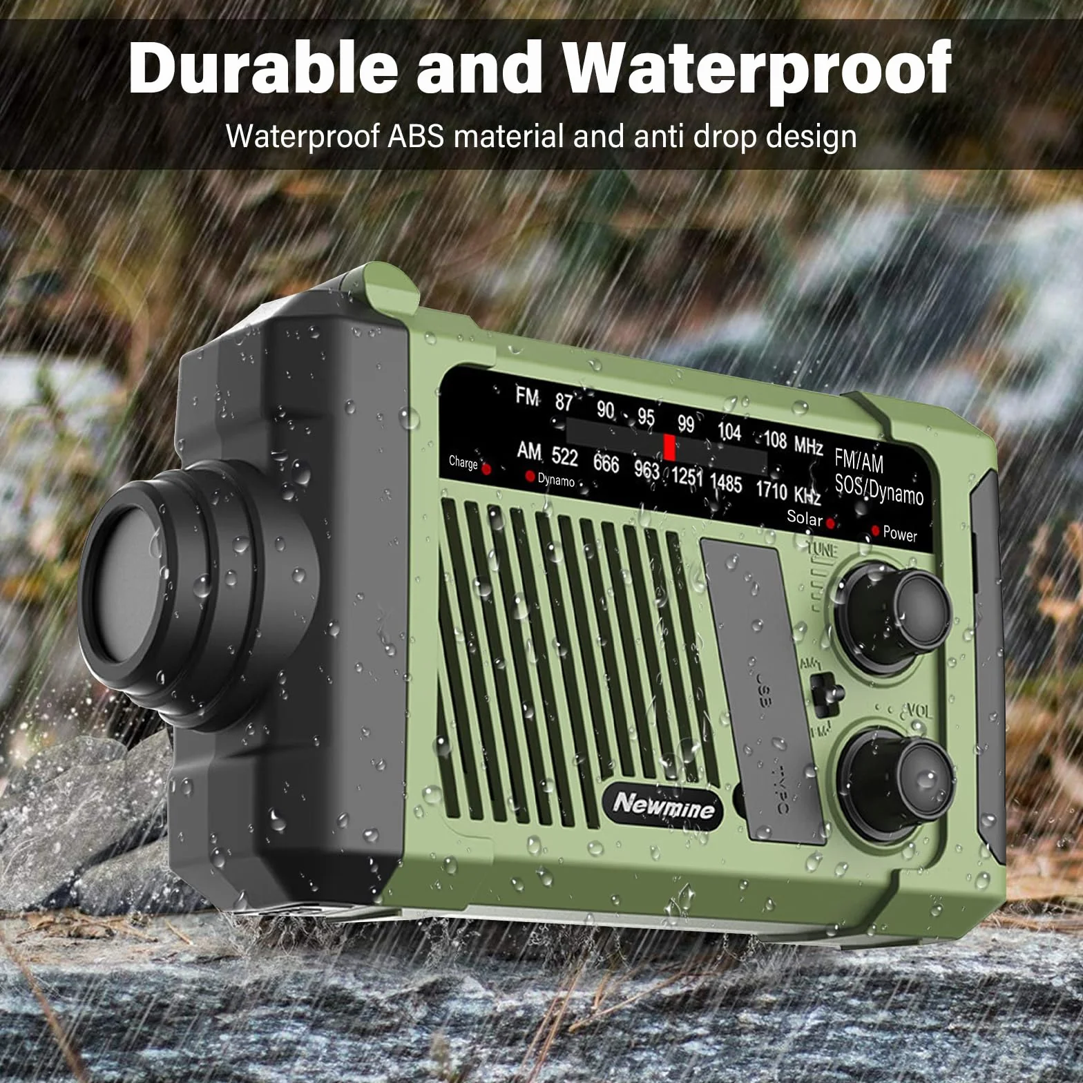 Radio korbowe, 1800 MA, radio awaryjne, solarne radio z korbą, do użytku na zewnątrz, na kemping, w sytuacjach awaryjnych, SOS, wytwarzanie prądu za pomocą korbki ręcznej, zielone (160 x 96 x 56 mm)