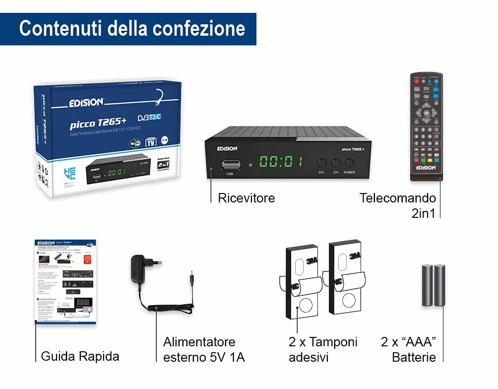 Odbiornik DVB-T2/C H.265 FTA Full HD PVR USB HDMI EDISION PICCO T265+