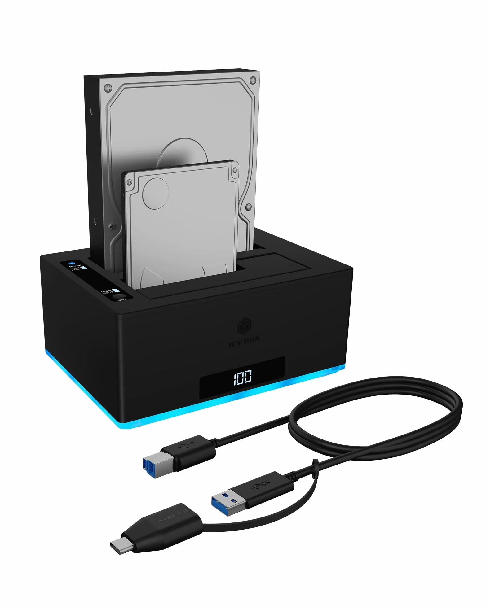 ICY BOX Stacja dokująca USB 3.0 2-drożna stacja dokująca do dysków twardych 2,5" i 3,5" SATA HDD/SSD, RGB, funkcja klonowania offline, USB-C & USB-A, UASP, IB-127CL-U3