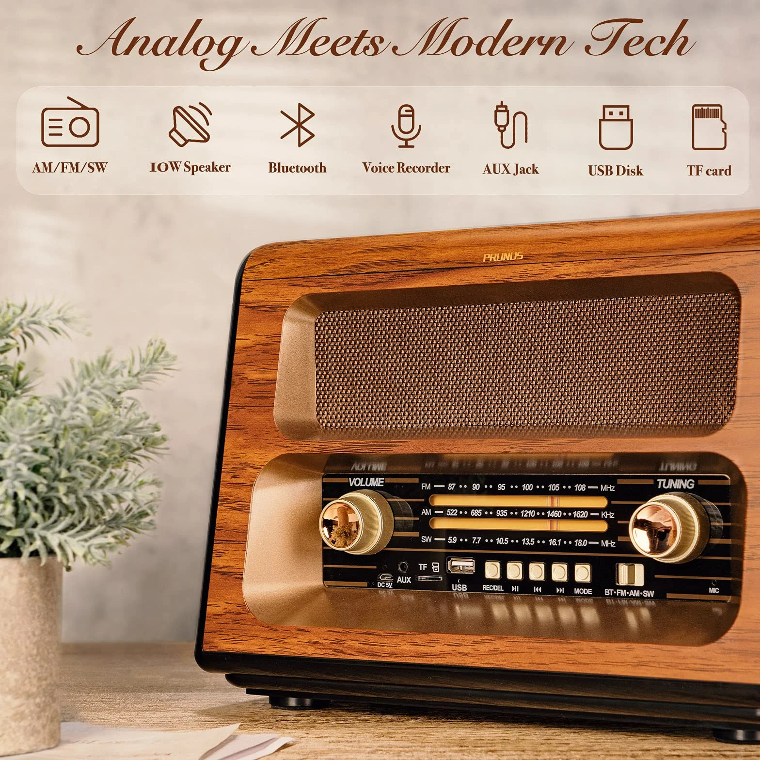 PRUNUS J-199 retro radio Bluetooth AM/FM/SW 3-drożne zasilanie akumulator bateria gniazdko USB/TF
