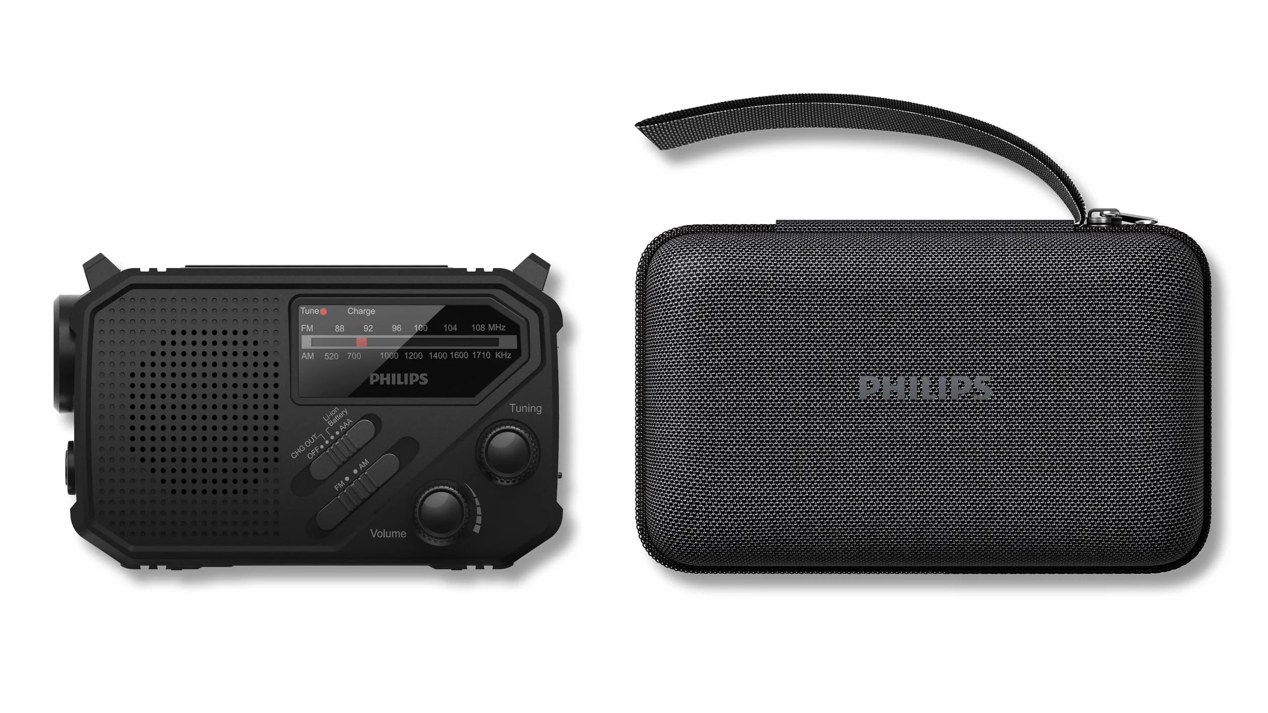 Philips TAR1659 Przenośne radio FM/AM z akumulatorem, korbą, lampą LED i latarką