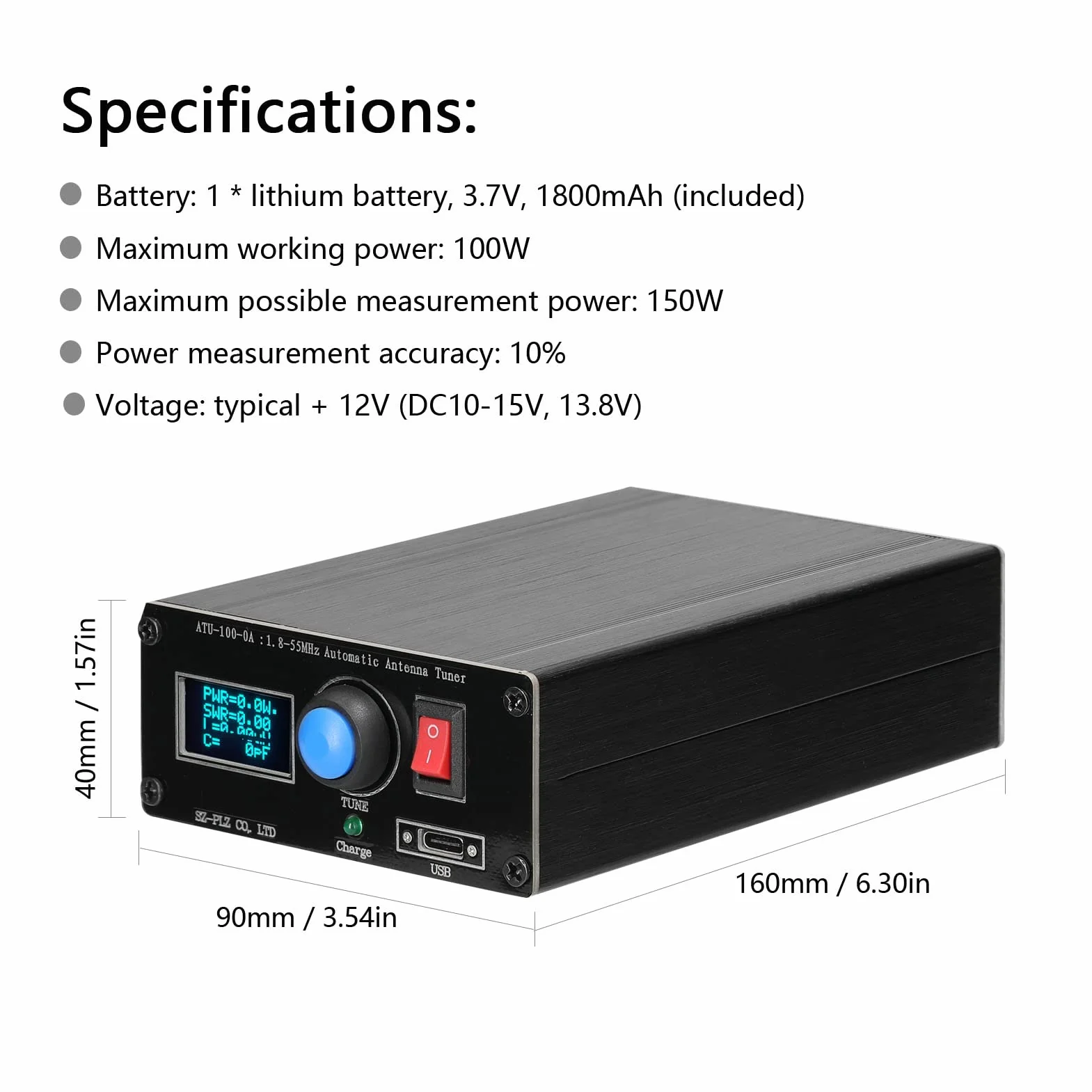 Sunydog Baugger ATU-100-0A mini automatyczny tuner antenowy 1,8-55 MHz 0,91 cala, wyświetlacz OLED, stop aluminium, obudowa zewnętrzna z akumulatorem 1800 mAh, wielokolorowa